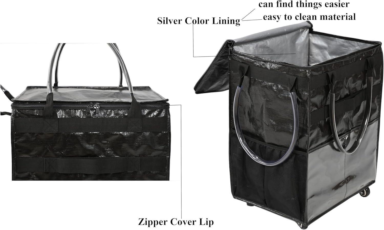 Reusable Grocery Bag On Wheels Large Capacity Shopping Trolley Foldable Rolling Tote with Outside Pocket, Heavy Duty Handle (Black, Medium)