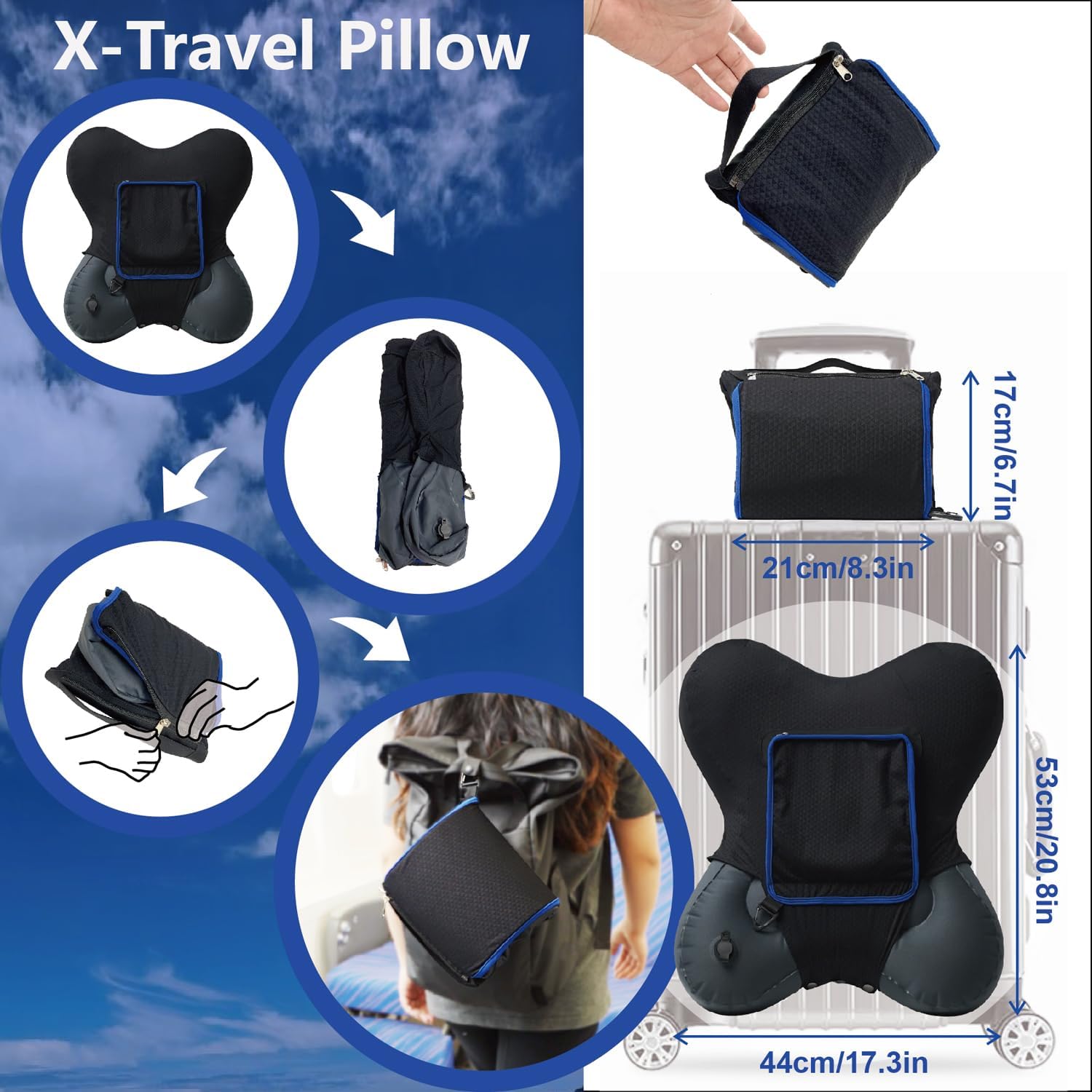 HEYDNA X-Travel Pillow - Inflatable Travel Pillow with Arm Pockets, Removable Cover, Compact for Airplane, Car, Train | Ergonomic Neck and Body Support for Comfortable Sleep Anywhere (Grey)