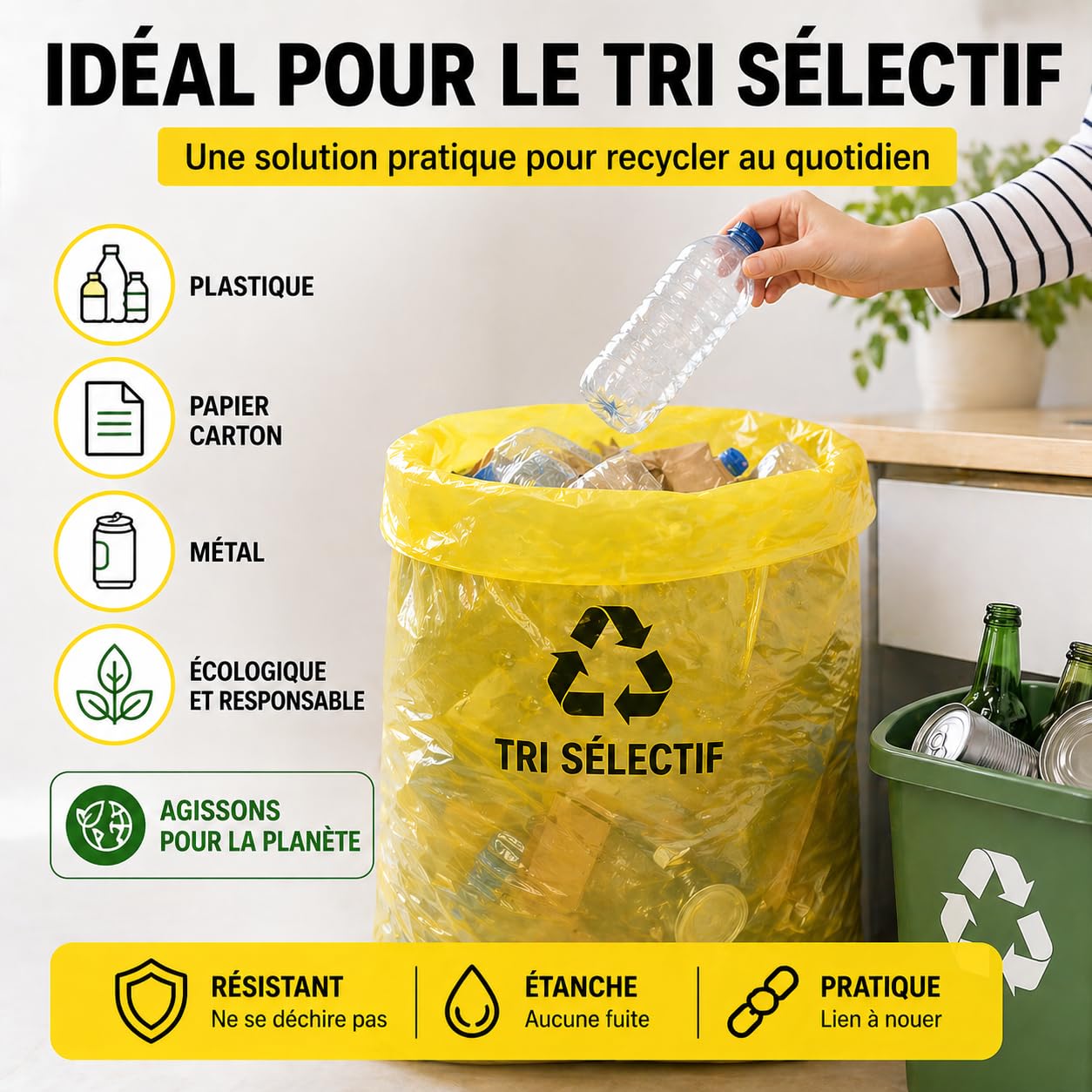 Bolsa de basura amarilla 50 l | 100 bolsas de basura de 50 litros (2 rollos de 50 bolsas amarillas) | Resistente (14 µ) e impermeable | Papeleras Oficinas – Cocina | Cierre de lazo para atar |