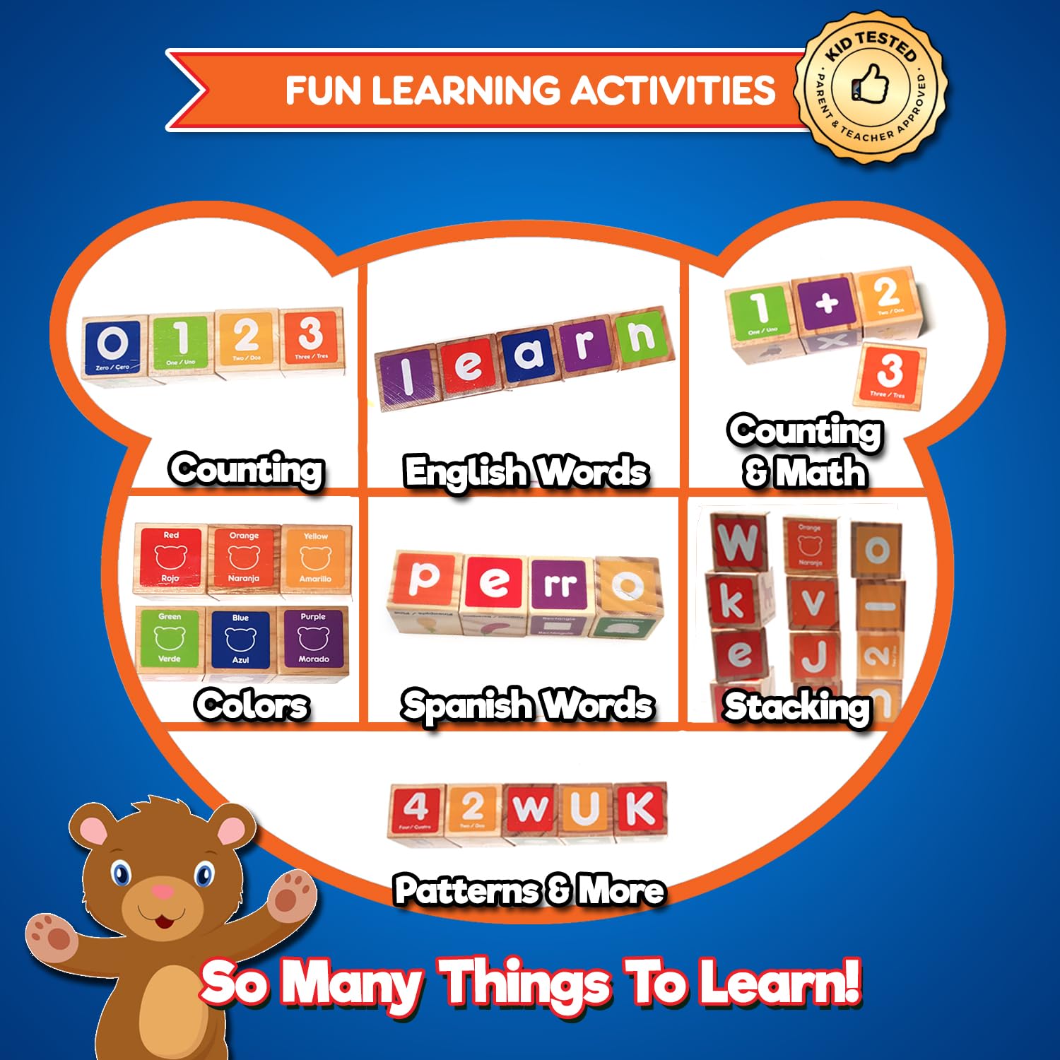 Juguetes de bloques del alfabeto para niños pequeños, juguetes educativos bilingües, juguetes de aprendizaje en español, juguetes apilables con 30 bloques de madera y actividades de 6