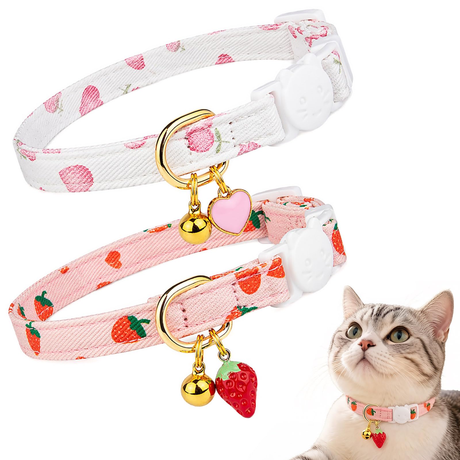 2 Pcs Adjustable Safety Cat Collars,Soft Cotton Breakaway Kitten Collar with Heart Pendant and Bell Set Safety Buckle & Lightweight Design Personalised Cat Accessories for Indoor and Outdoor Use