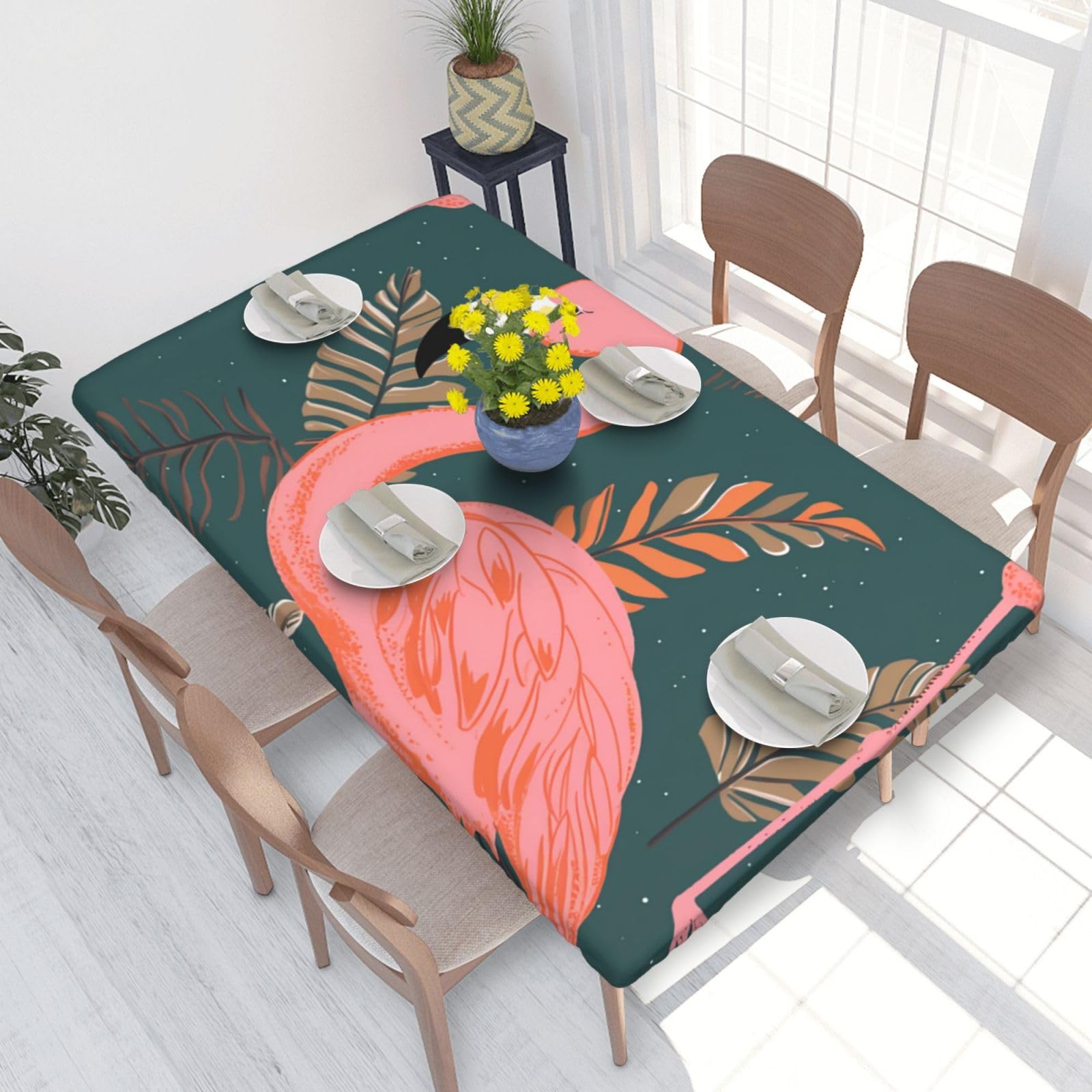 Flamingo Waterproof Square Table Cover Elastic Fitted Tablecloth Oil Proof Table Protector For 4ft Table