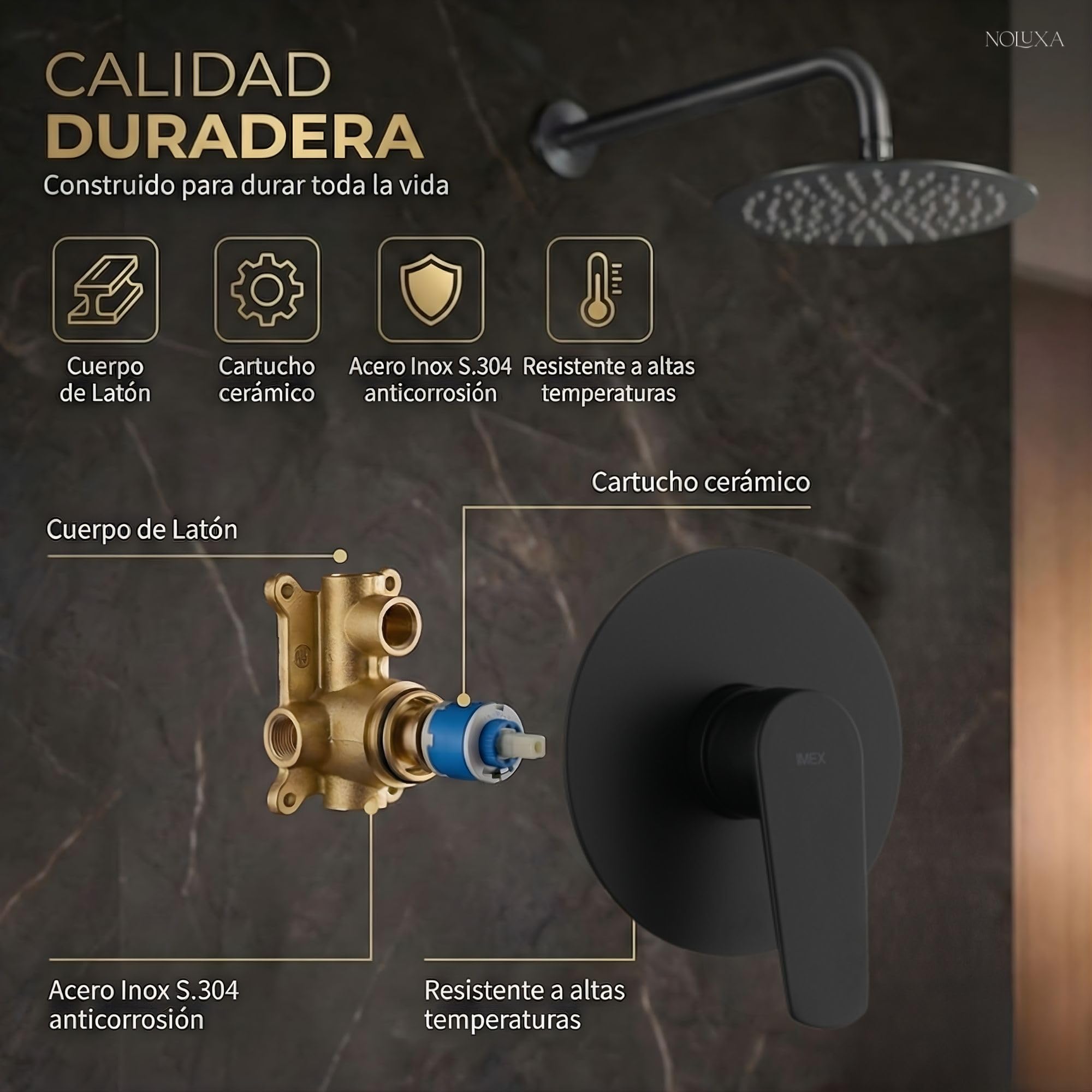IMEX - Ducha Empotrada Negra Monomando | Conjunto de Grifería Empotrado con Rociador Antical Efecto Lluvia | Columna Ducha Empotrada con Grifo en Latón y Acero Inox S.304 (SIN ALCACHOFA)