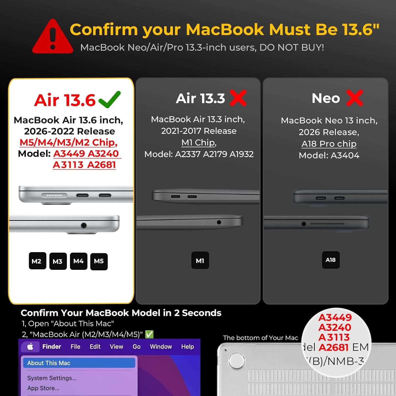 EooCoo Case Compatible with MacBook Air 13 inch M5 M4 M3 M2 2026-2022 A3449 A3240 A3113 A2681, 13.6" Hard Case Cover & Keyboard Skin & Screen Protector for Laptop Air 13.6 inch - Crystal Clear - Image 2