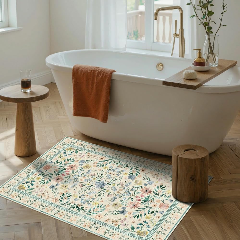 Floral Door Mat - Washable Non-Slip Green Rug 2x3ft