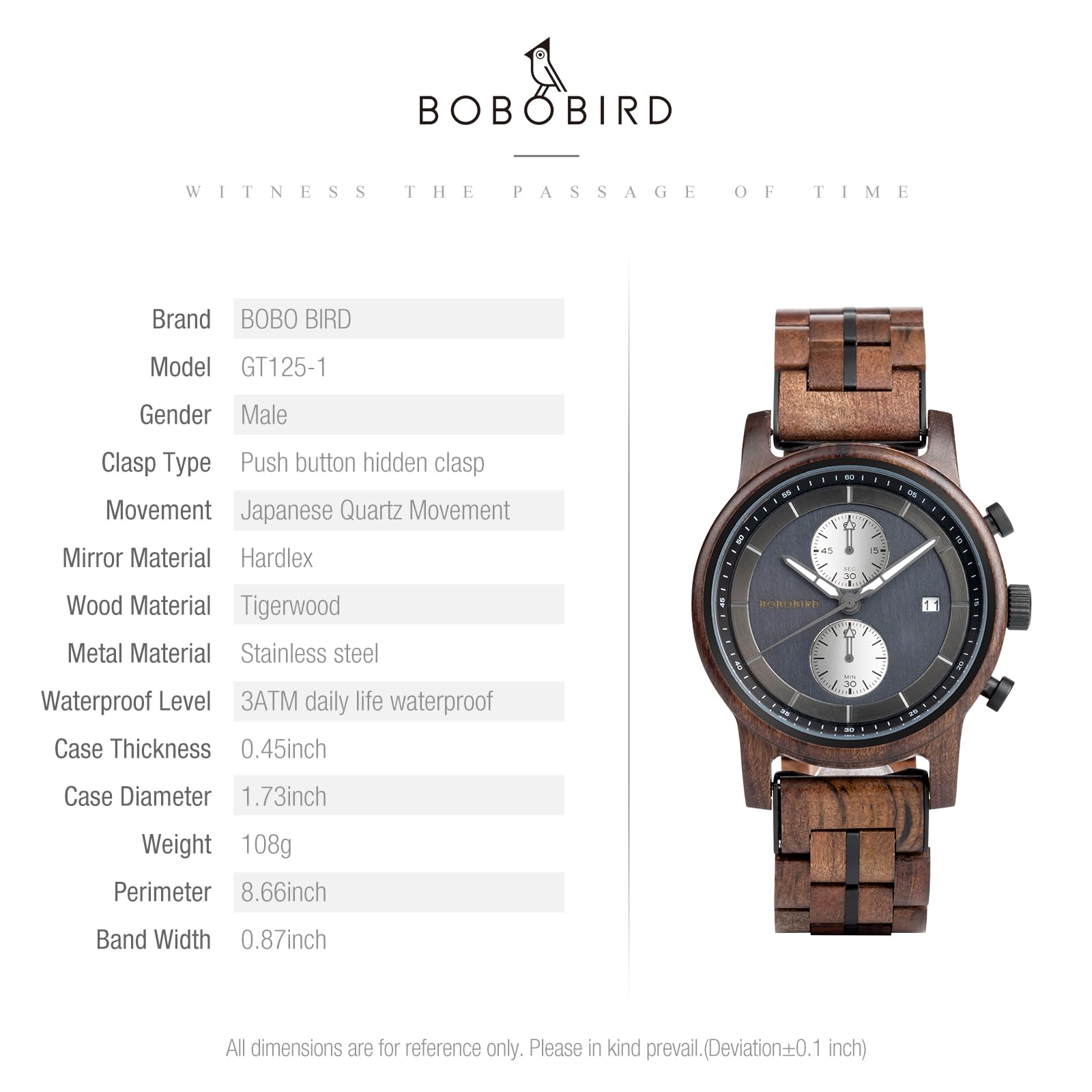 BOBO BIRD Orologio cronografo da uomo in legno, cassa in legno naturale da 44 mm, movimento al quarzo giapponese, orologio casual da donna, regalo per lui