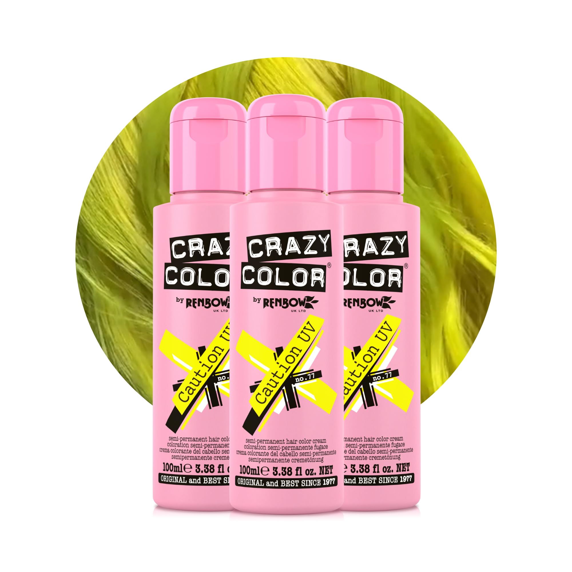 Crazy Color Caution UV Semi-Permanent Trio Hair Dye. Highly Pigmented Neon Yellow Conditioning & Oil Nourishing Vegan Formula | No Bleach or Ammonia | 300ml
