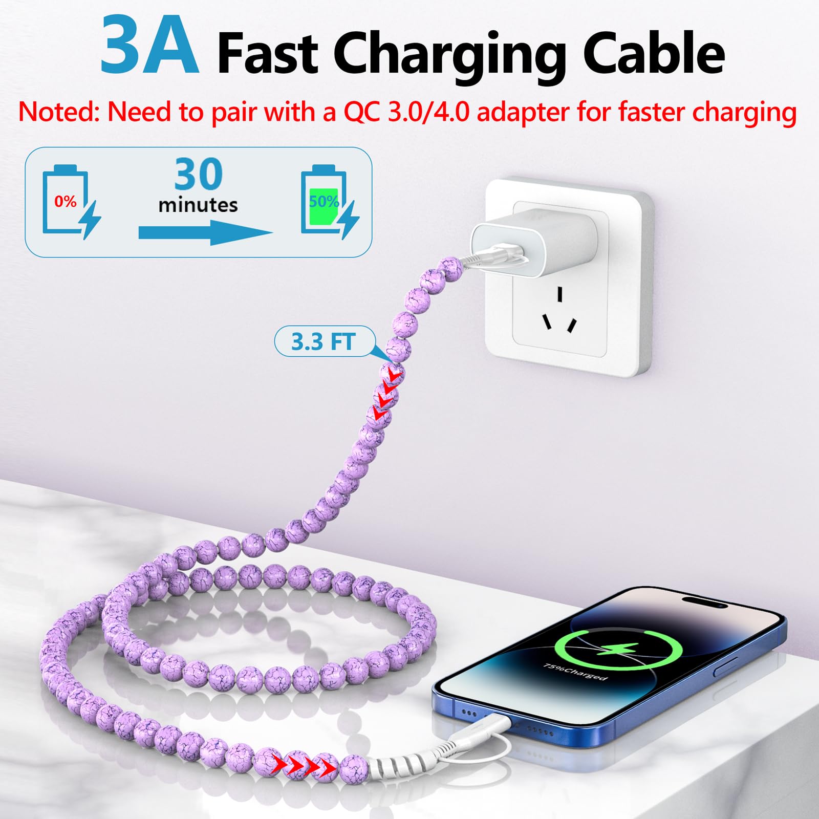 HianDier Cavo USB C [certificato MFI] Multi 4 in 1 per iPhone cavo di ricarica rapida 0,9 m durevole turchese perline USB A tipo C iOS cavo di ricarica per iPhone 16 15 14 13 Pro Max iPad Galaxy S25