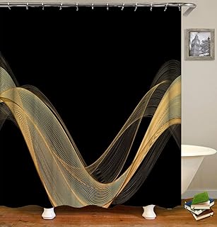 Modern Creative Black and Gold Business? Light Effect Line Background Shower Curtain Sets for Bathroom Fabric Machine Washable Digital Printing Decor with 12 Hooks, 72 x 72 Inches