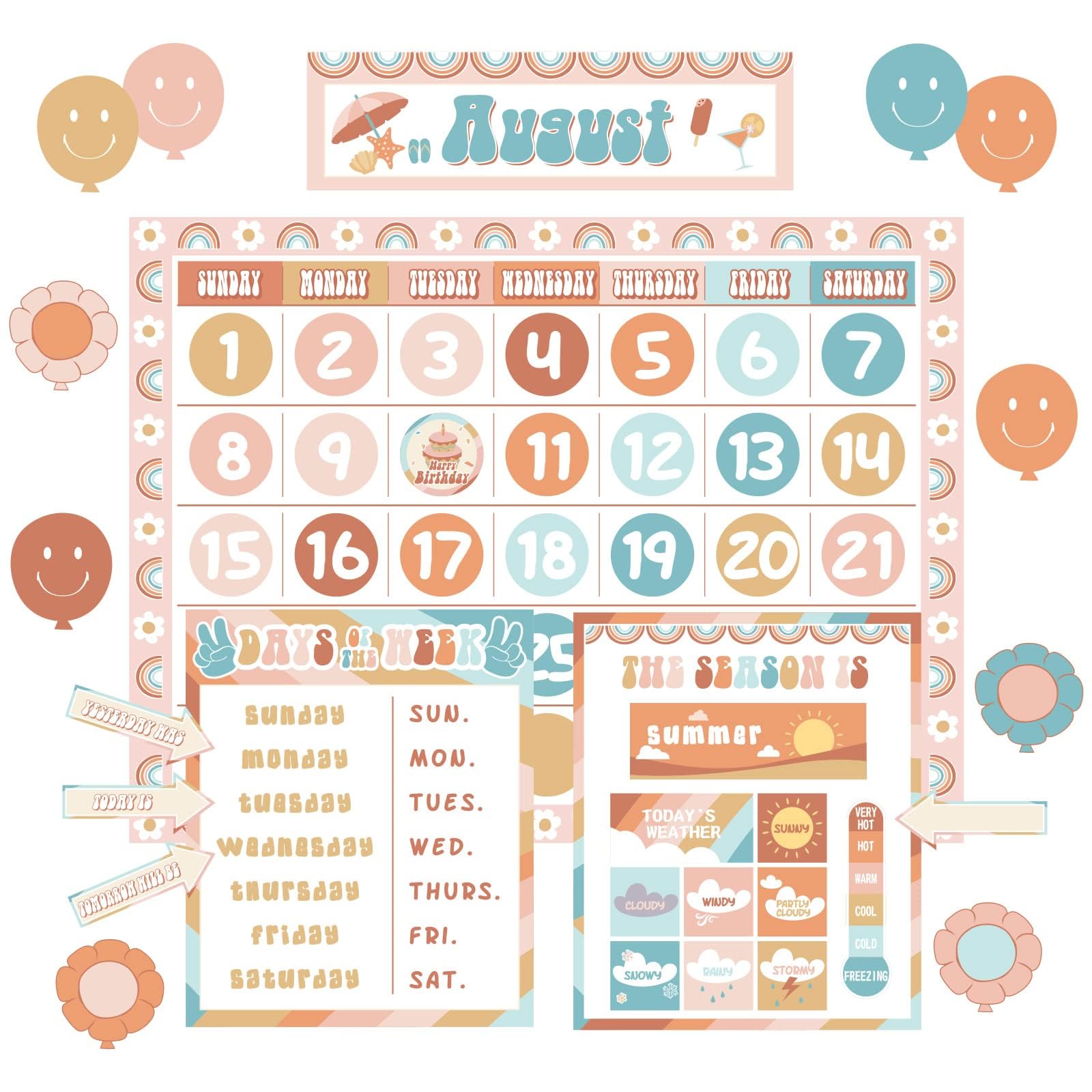 Groovy Classroom Calendar Bulletin Board Set Decorations Retro Hippie Calendar Seasons Weather Chart CTP Bright Paper-Cuts Boho Hippie Wall Decals for