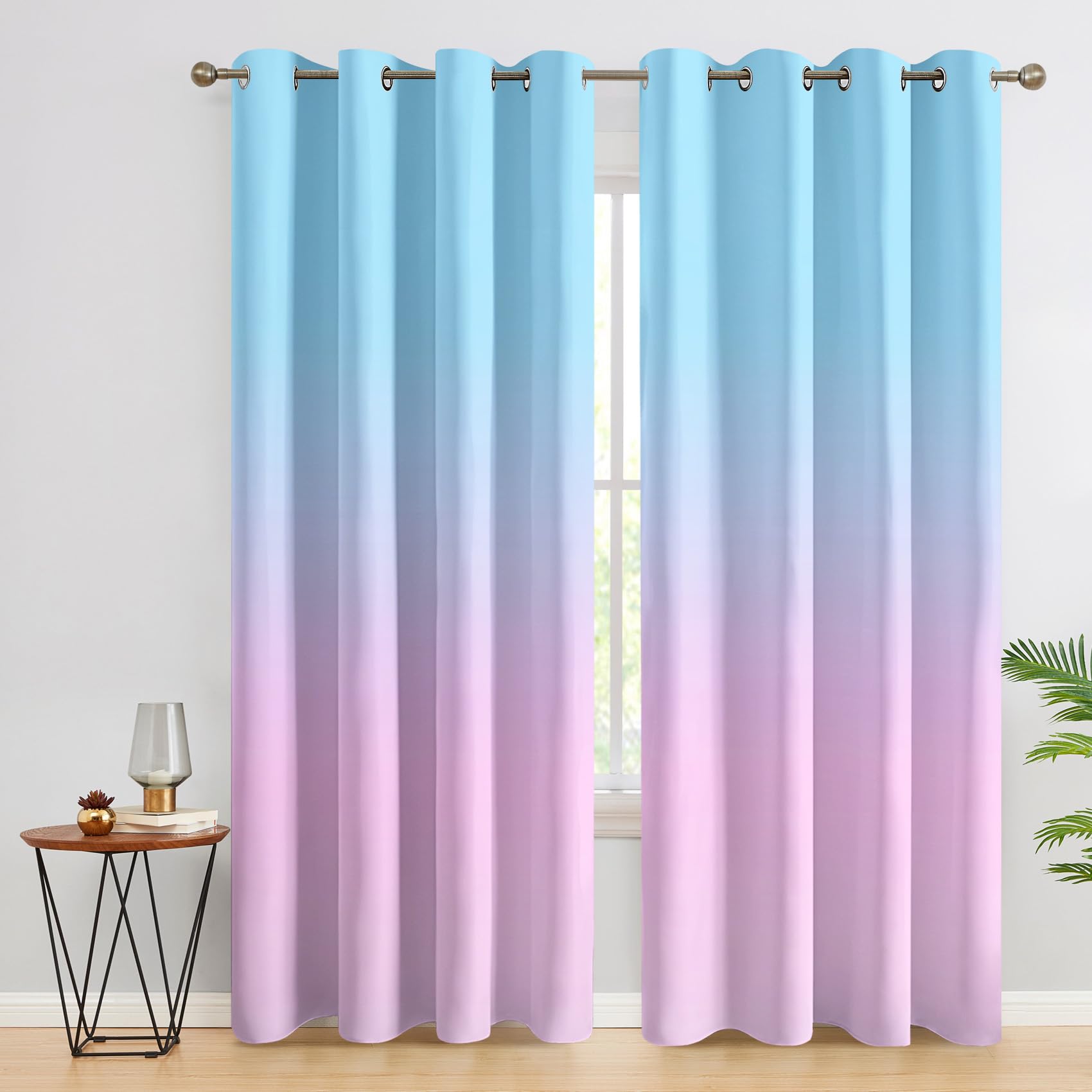 Pink and Blue Ombre Blackout Curtains, Colorful Gradient Curtains for bedroom, Living Room, Thermal Insulated Noise Reduction Eyelet Drapes, 72 Inch 2 Panels Set, (W66 x L72) iK66