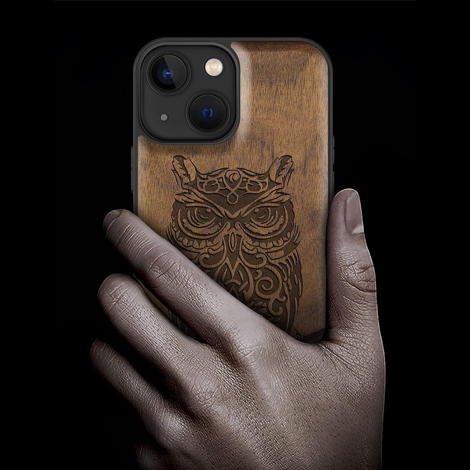 Carveit Magnetic Wood Case for iPhone 13 Mini Case [Natural Wood & Black Soft TPU] Unique Wooden Shockproof Protective Cover Compatible with MagSafe (Owl Sitting on Branch -Walnut)