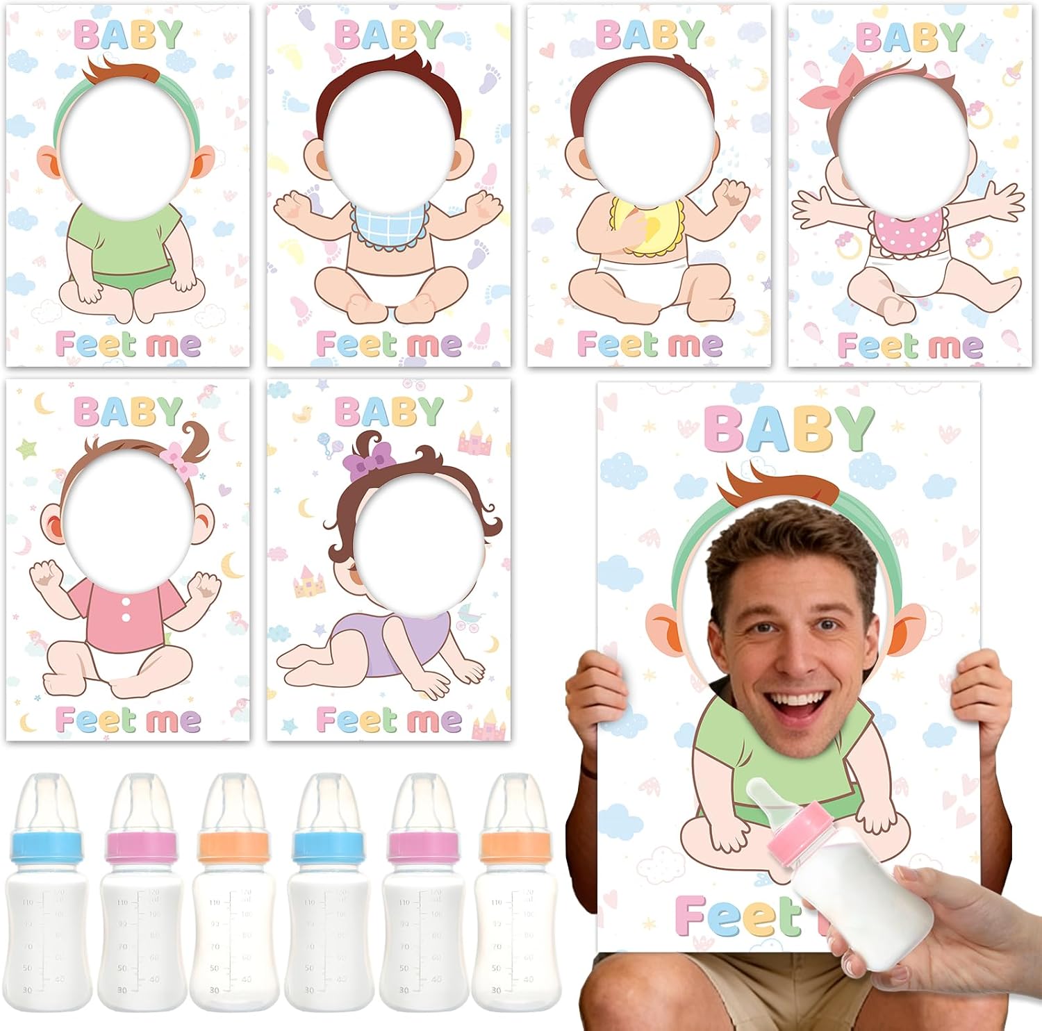12 Pcs Baby Shower Games Feed Me Bridal Party Activities Gender Reveal Games Set include 6 Hollow Boards and 6 Adult Chug Bottles Juegos Para Baby Shower Props for Newborn Gender Reveal Party Supplies