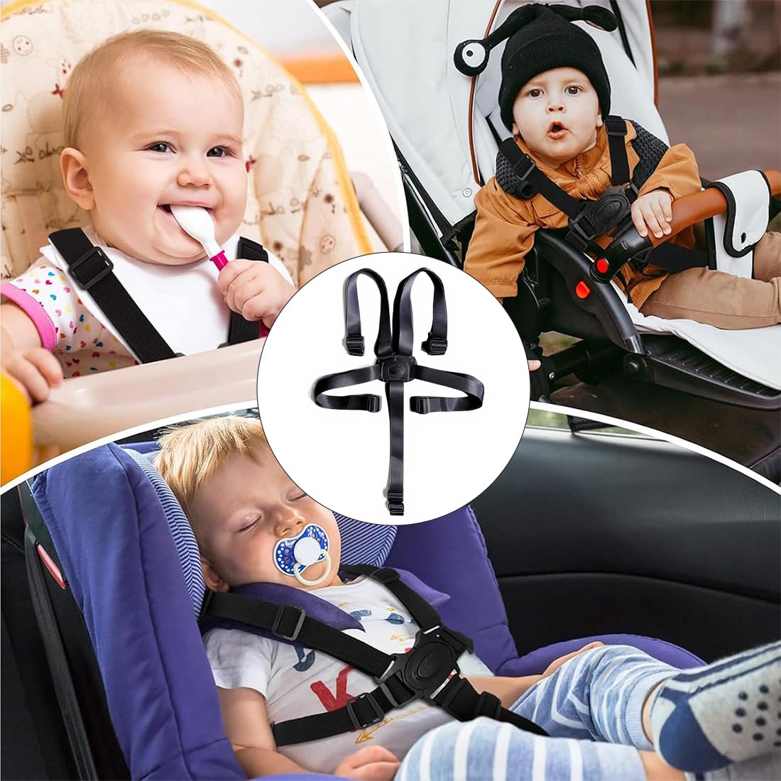 Cinture Passeggino Universali, Seggiolone Cintura Imbracatura di Sicurezza per Bambini, Passeggini Cintura Seggiolone a Regolabile Cinghie Universale per Auto Carrozzina Seggiolon (Nero)