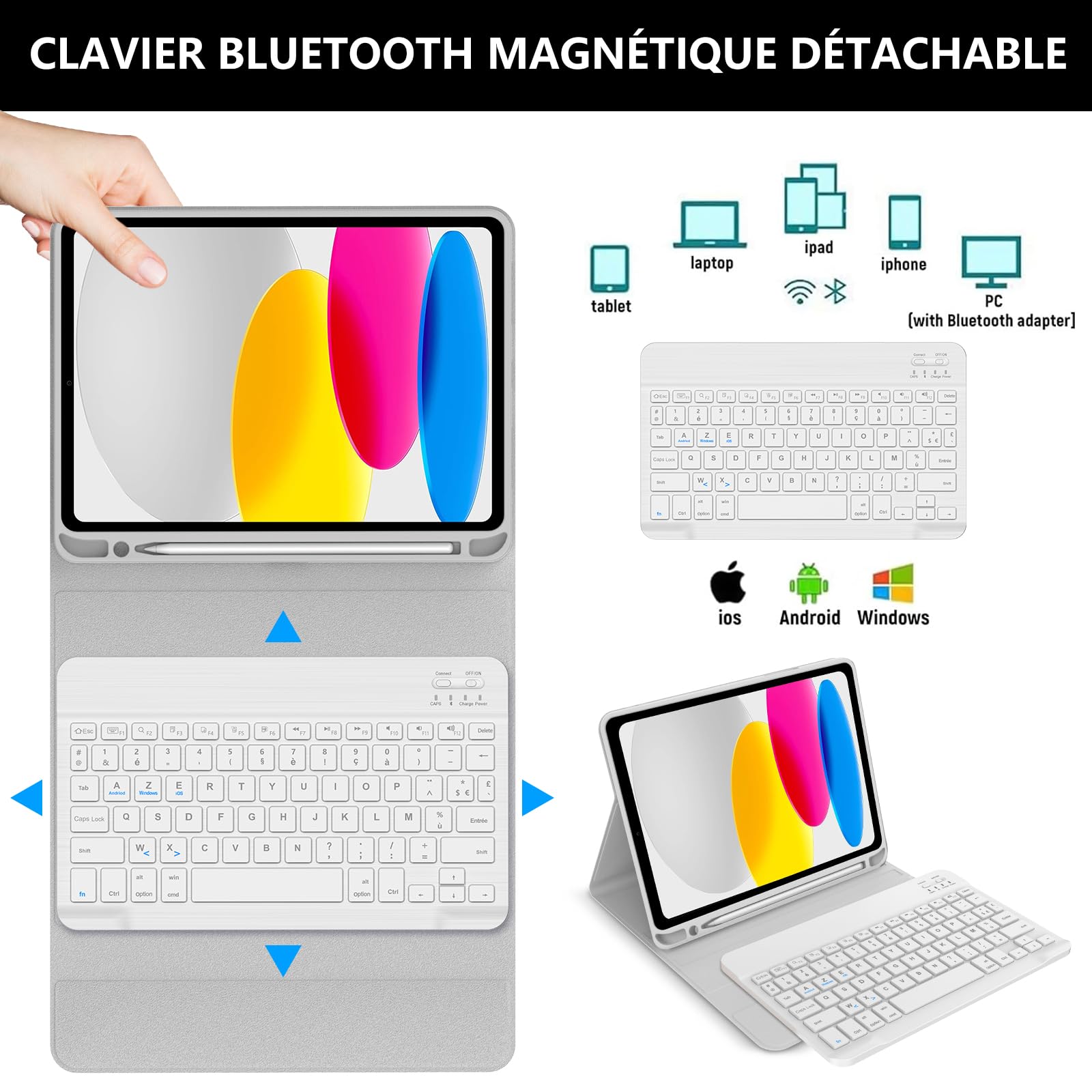 Clavier pour iPad A16 11eme Generation 2025/10eme Generation 10.9" 2022, Coque iPad A16 AZERTY Français Clavier Bluetooth Détachable avec Porte Crayon pour iPad A16 11/10 Génération, Gris Clair