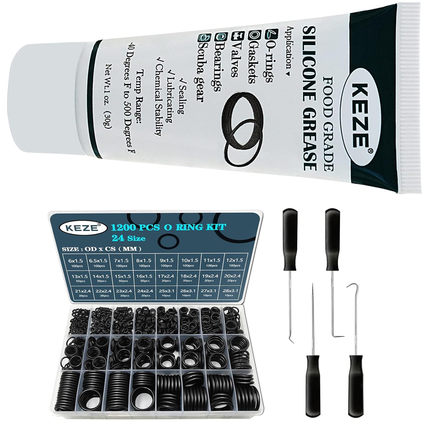 KEZE 1200 Pcs 24 Size Universal Rubber ORing Assortment