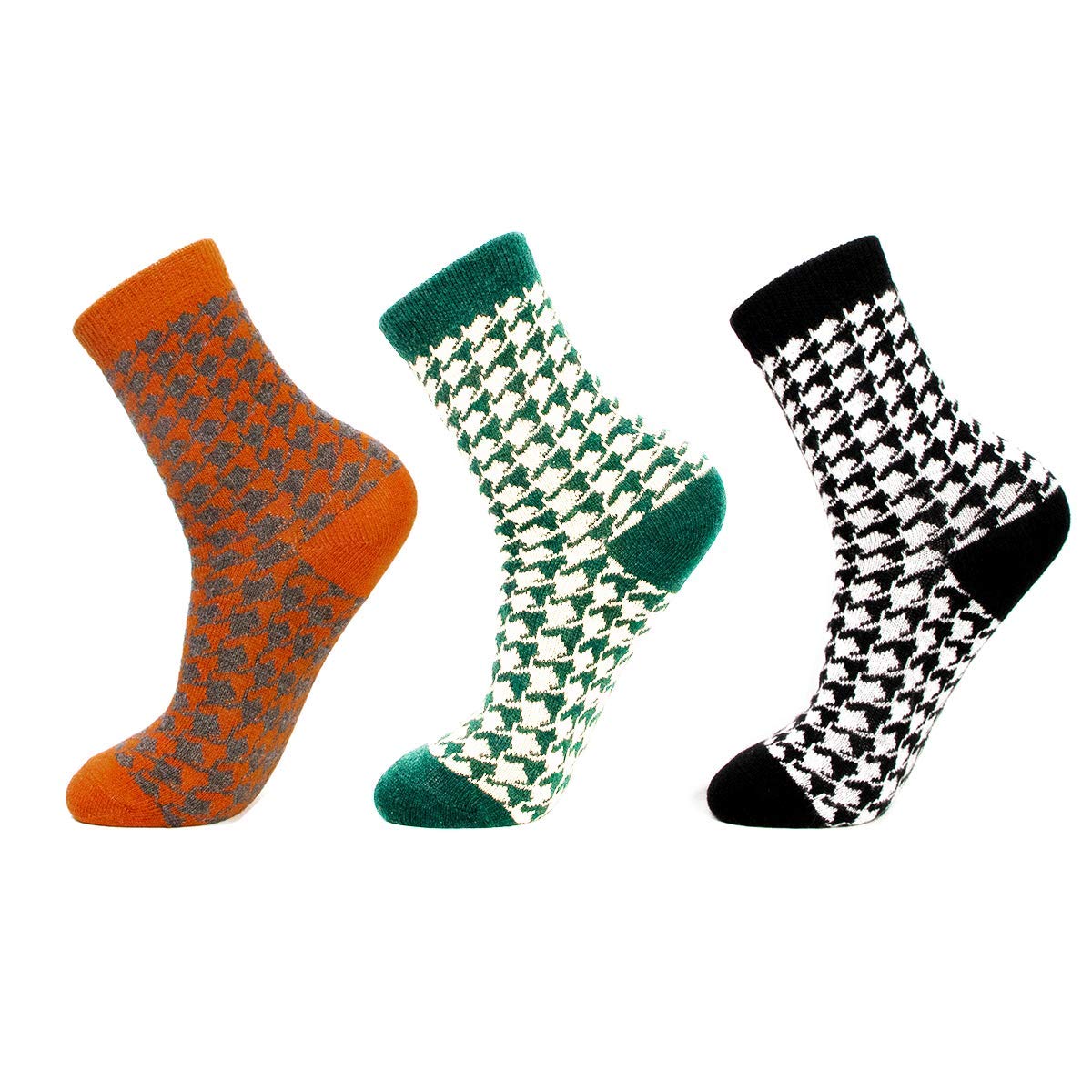 EP 3 Pairs of Comfy Warm Houndstooth Cotton Women's Crew Socks (Black, Green, Orange)