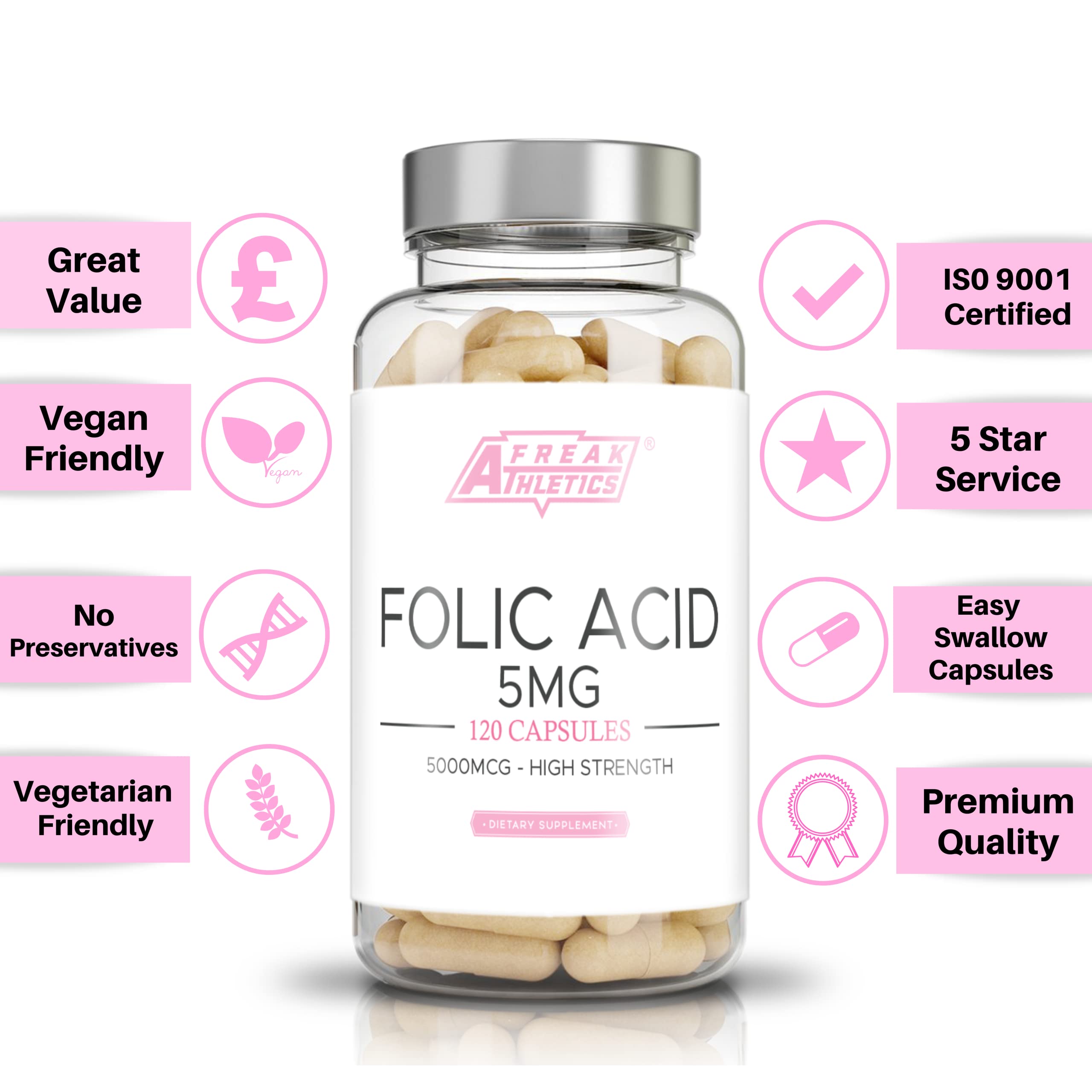 Buy Folic Acid 5mg 5000mcg (Vitamin B9) 120 Easy Swallow Capsules