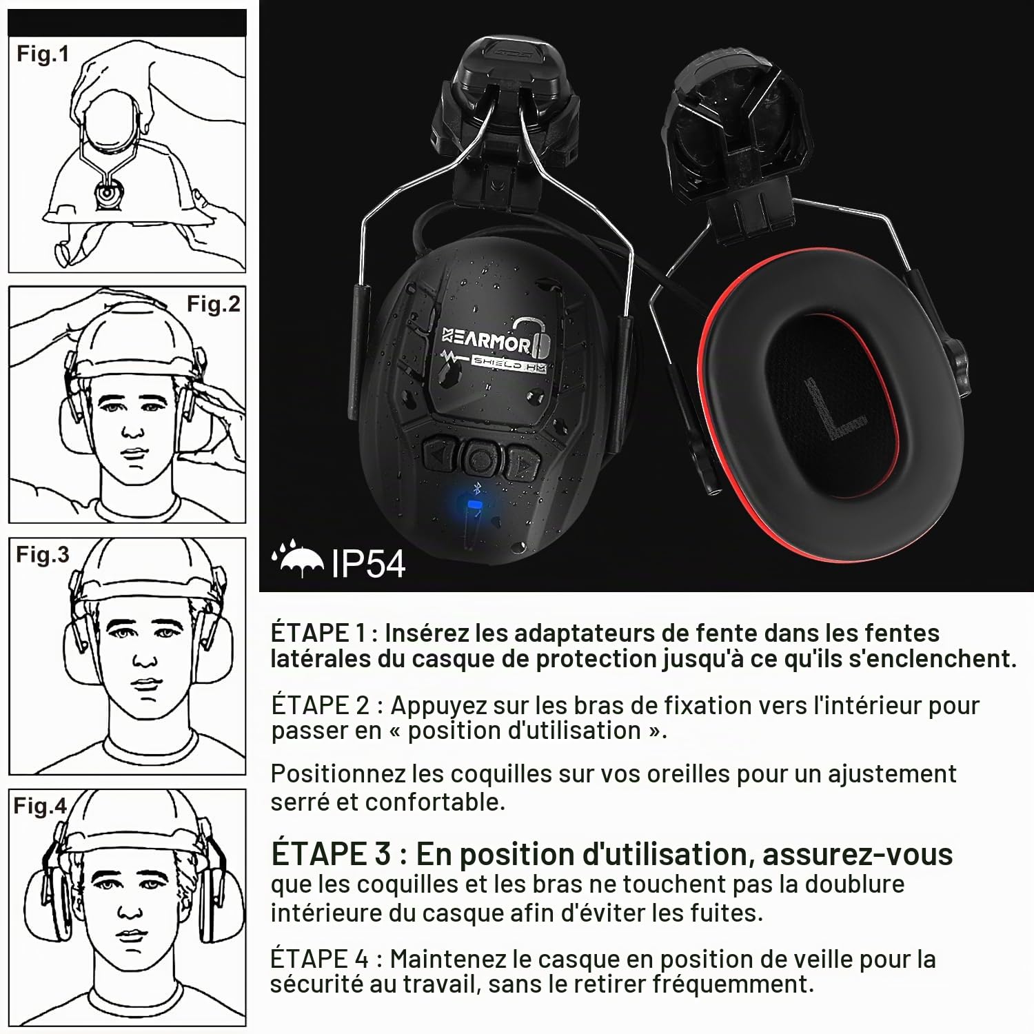 HEARMOR Protection auditive Bluetooth rigide, protection contre le bruit SNR 32 dB, protection auditive fixée au casque pour les travaux de tonte et les travaux à forte intensité sonore