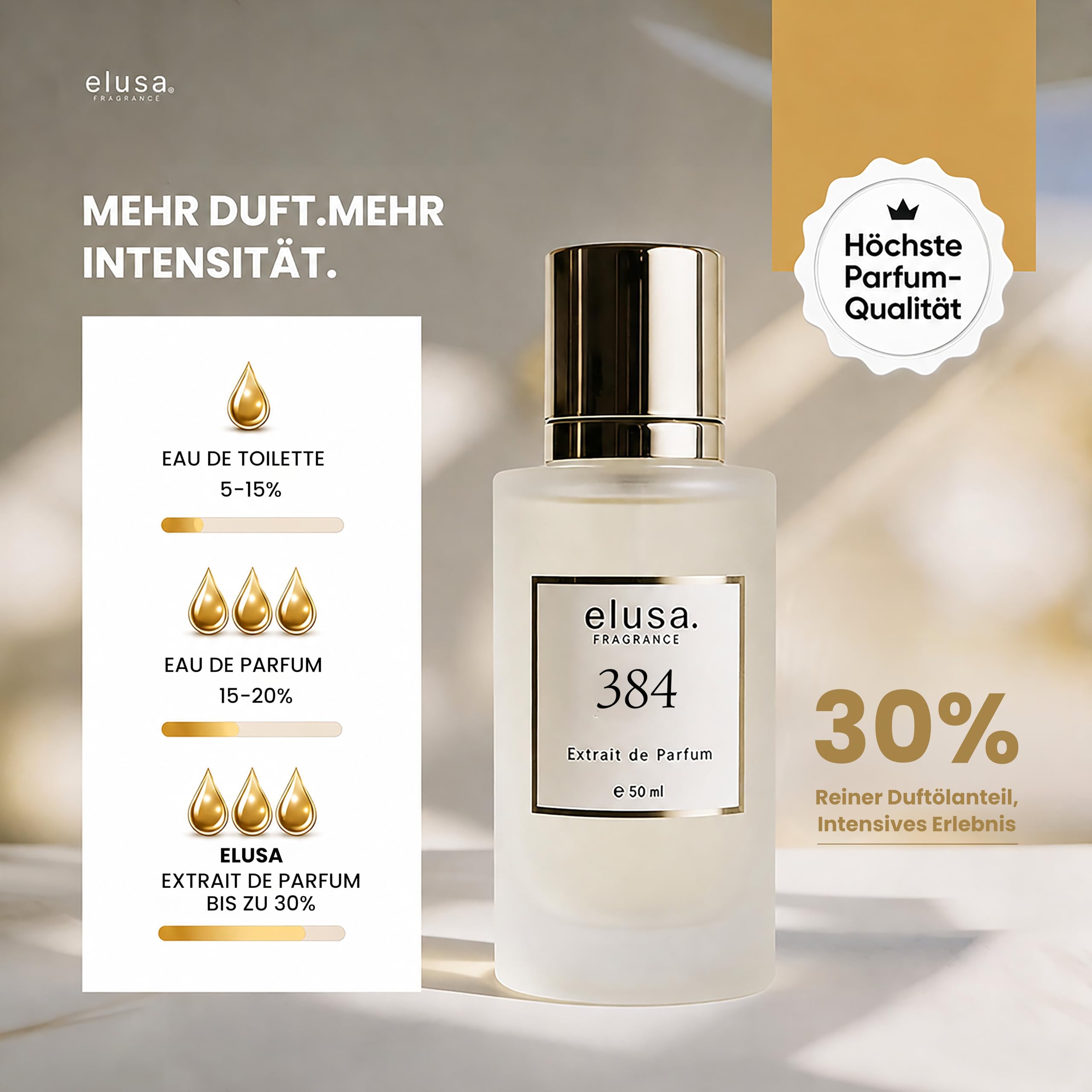 Elusa Fragrance 384 Extrait de Parfum 50 ml, profumo unisex da donna e uomo, fragranza orientale legnosa con oud, vaniglia e lavanda, dolce, speziato e di lunga durata