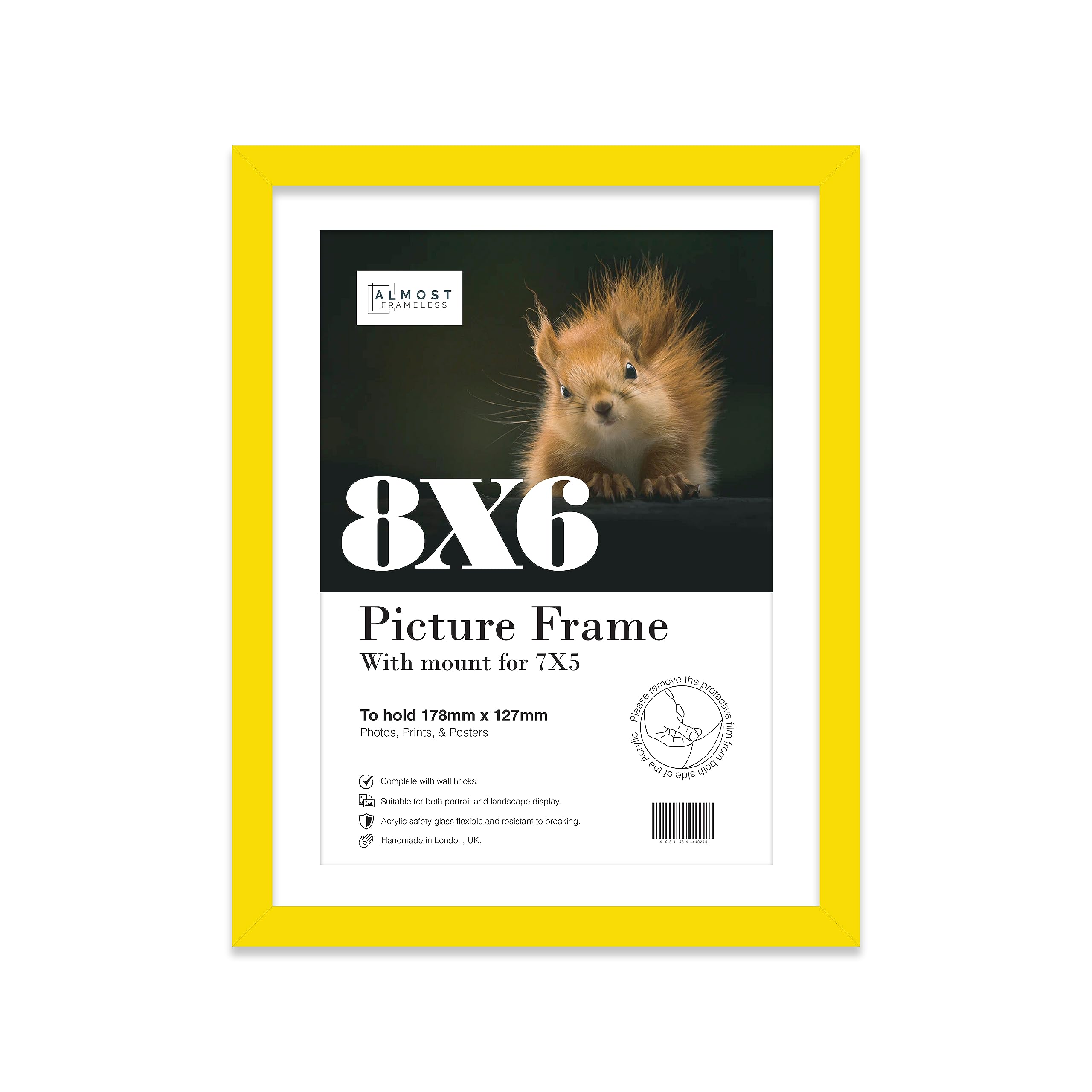 Almost Frameless 8x6 Yellow Picture Frame With Mount for 7x5 Print, Poster or Photo Poster, Photo, Artwork, or Print. Thin Edge Slim Frame Portrait and Landscape Display with Wall Hooks