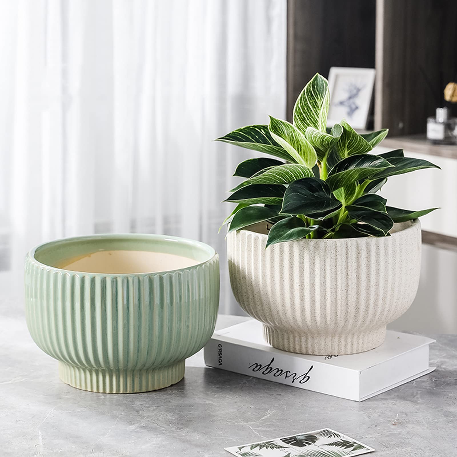 Vasi da Giardino Vasi per fioriere in Ceramica a Strisce per Piante, 9,6" x 9,6" x 6,3" Fioriere succulente con Fori di drenaggio Vaso per Piante da vivaio