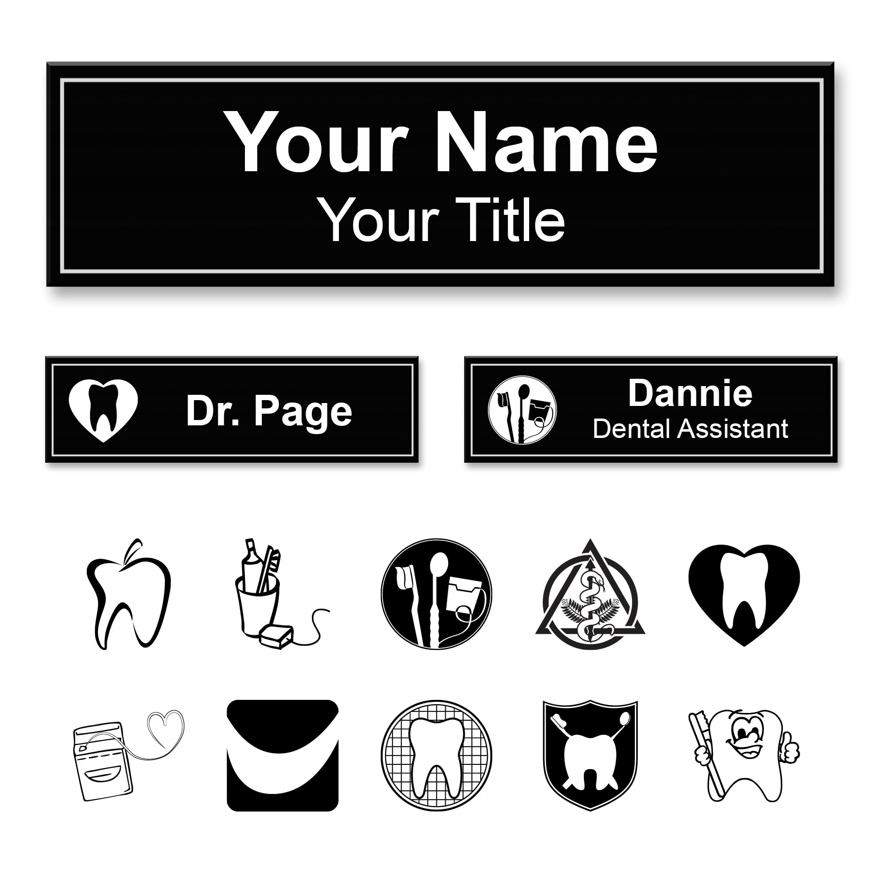 Custom Engraved Black Rectangular Name Tag with Magnet, Two Lines Personalized, Choice of Dental Logo Name Badge