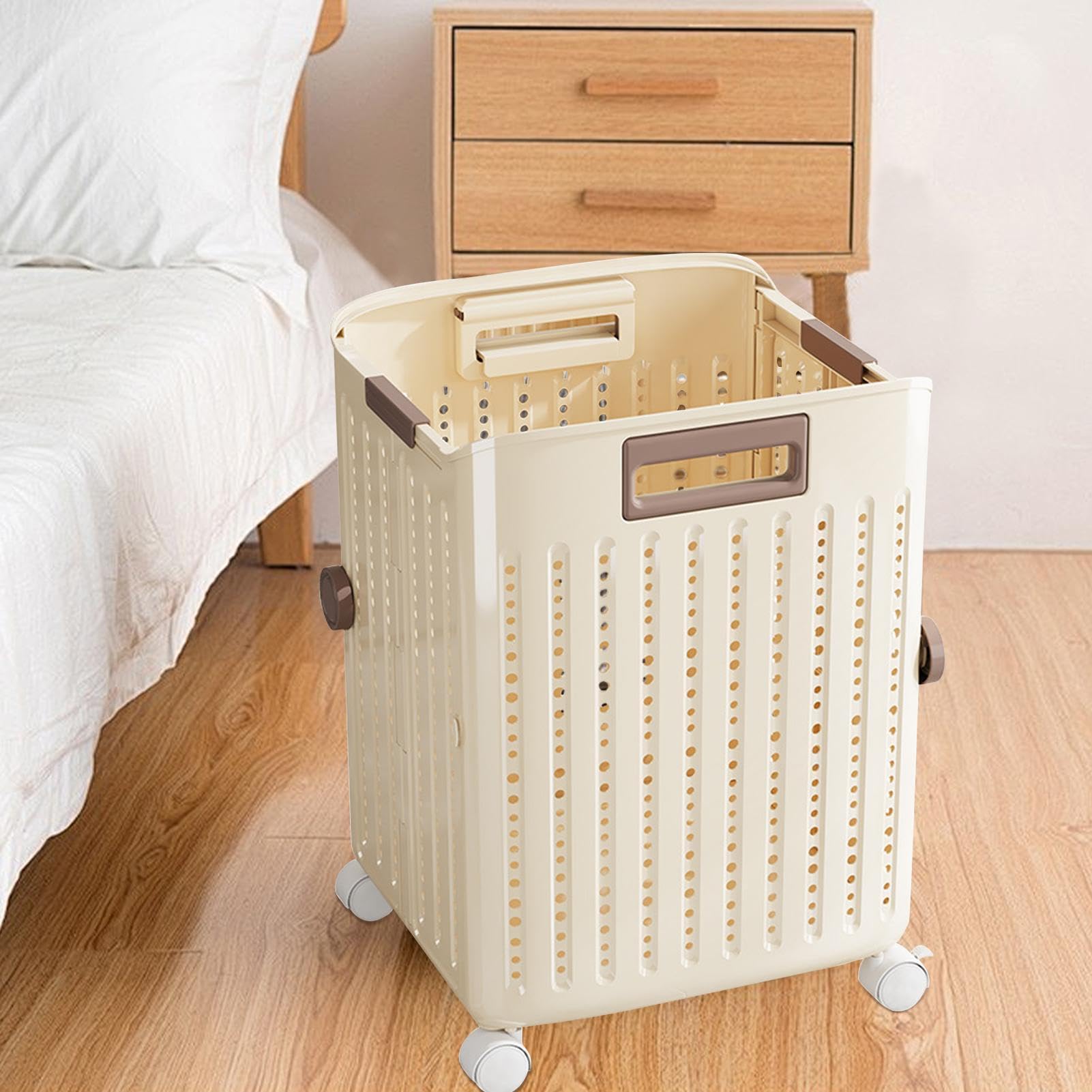 Hamper with Wheels, Rolling Laundry Basket, Folding Clothes Bin, Space-Saving Design, Pressure Pp Build, for Dorm Bathroom Bedroom Corner, 13.98x12.4x14.76 Inches, White Beige, 1 Piece
