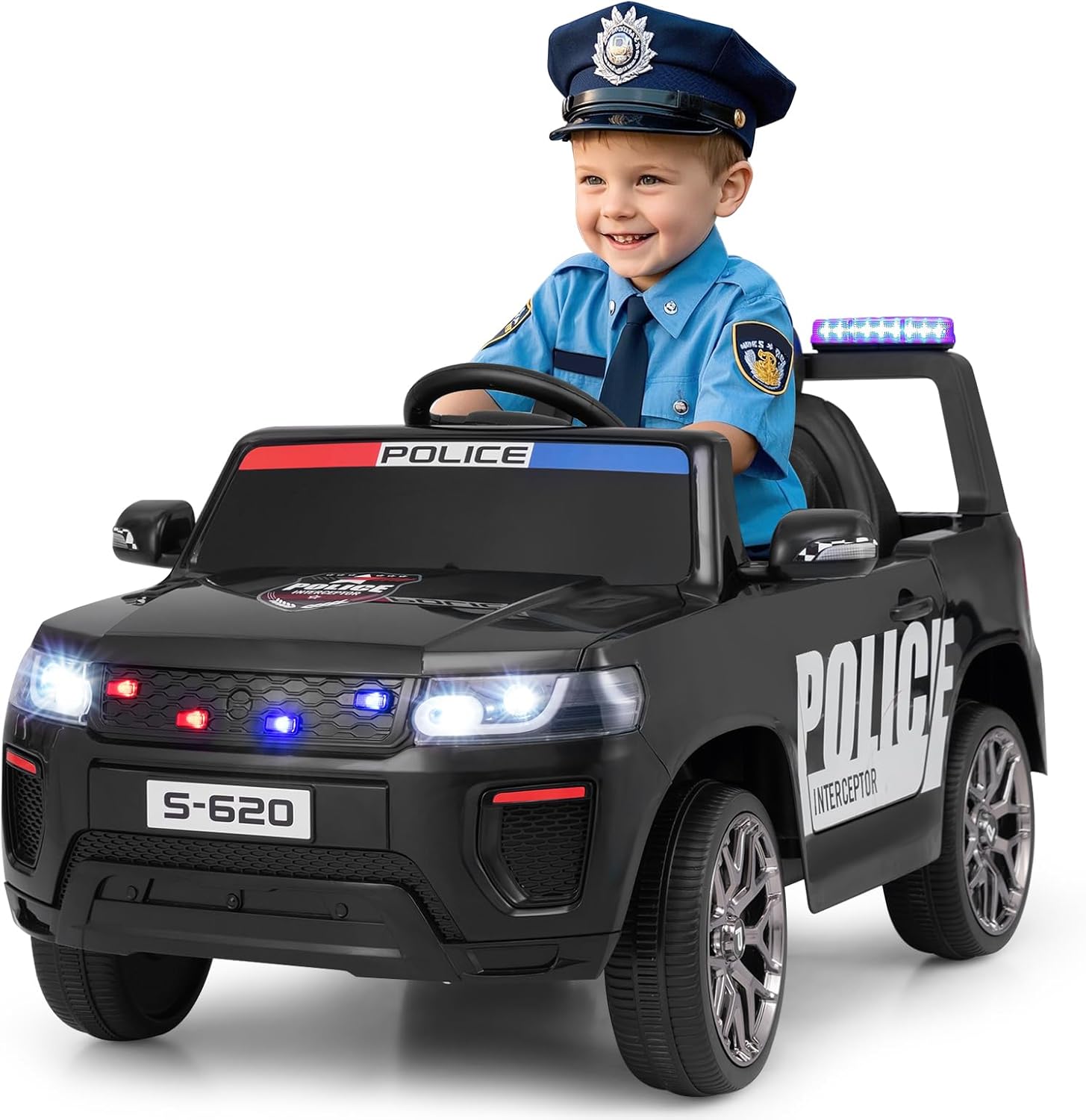 OLAKIDS Ride on Police Car, 12V Kids Battery Powered Electric Vehicle with Siren, Flashing Lights, Bluetooth, Music, MP3, USB, Power Display, Spring Suspension, Aged 3-8 Years (Black)