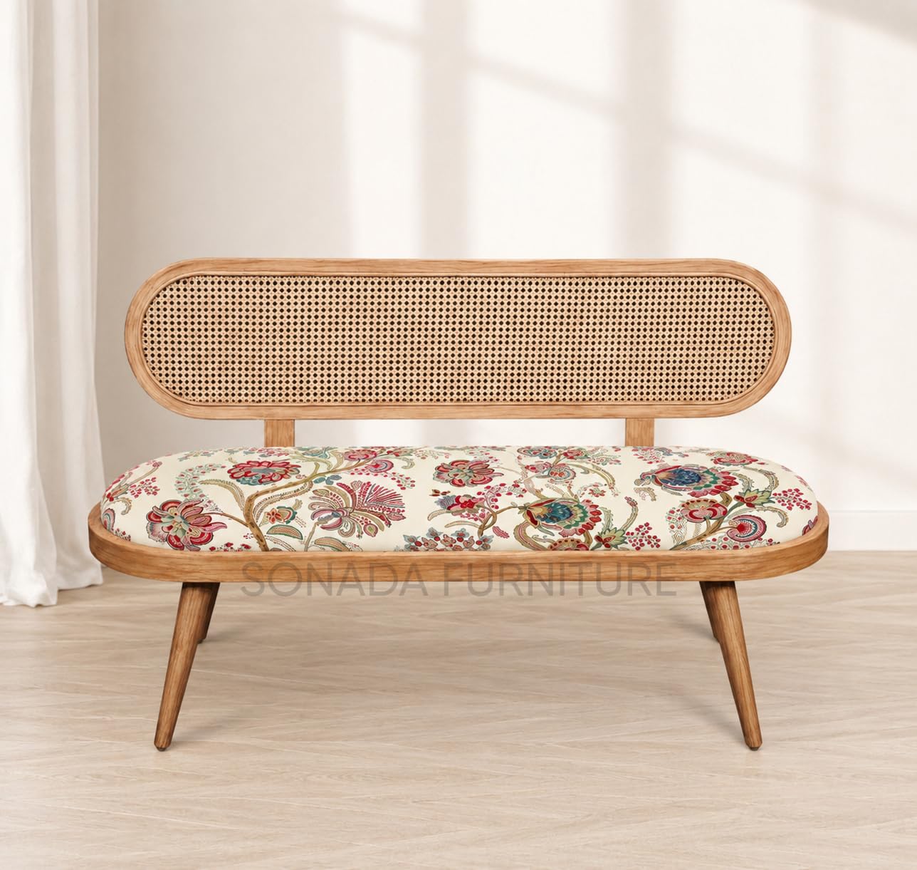lira rattan solid wood bench for living room | wooden cane settees sofa 2 seater with cushion seating | sheesham wood natural finish (white with red print, natural finish)
