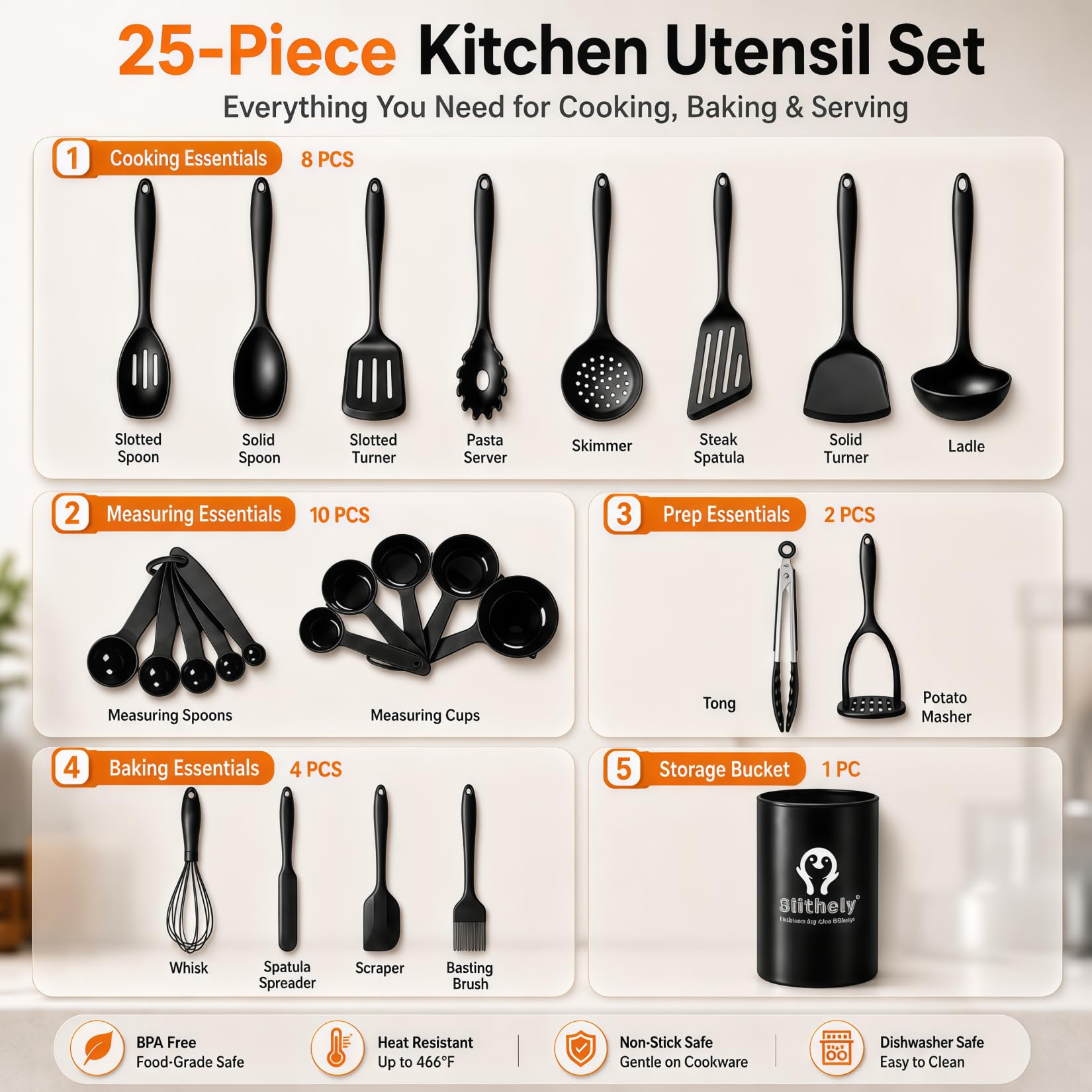 Set di 25 utensili da cucina in silicone con supporto, utensili da cucina antiaderenti, resistenti al calore, set di spatole in silicone senza BPA, con spatola, cucchiaio e mestolo