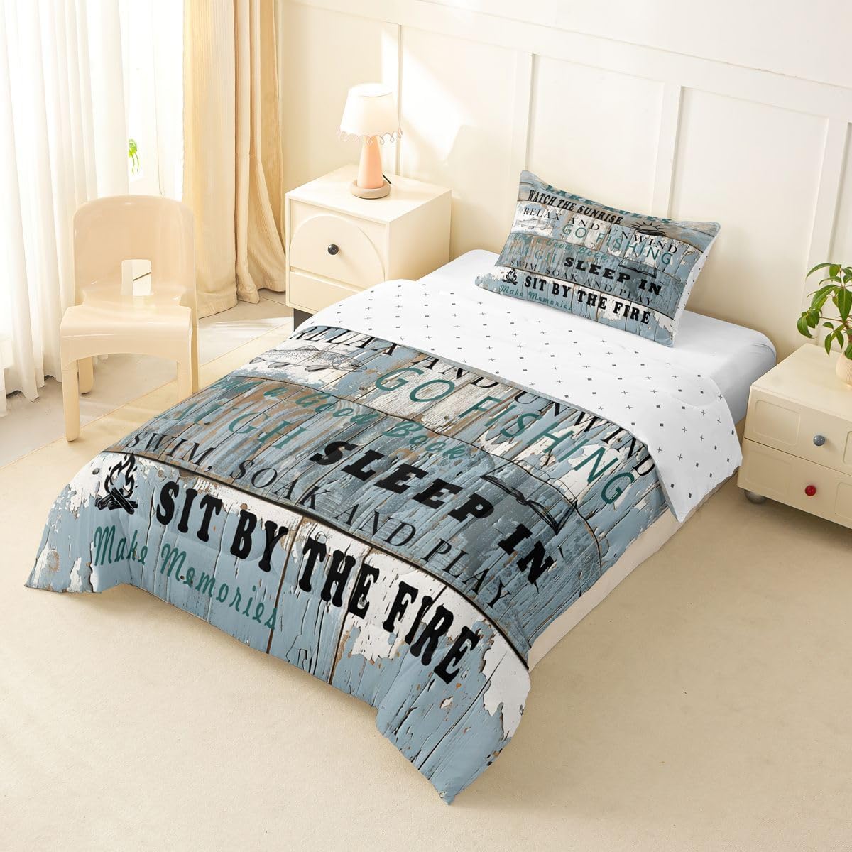 Lake Rules Comforter Set Twin Lake House Bedding Cabin Room Decor, Country Farmhouse Cabin Beach Duvet Insert For Kids Teens Adult Bedroom Decor,Rustic Wooden Barn Down Comforter Gift For Lake Lover image 4
