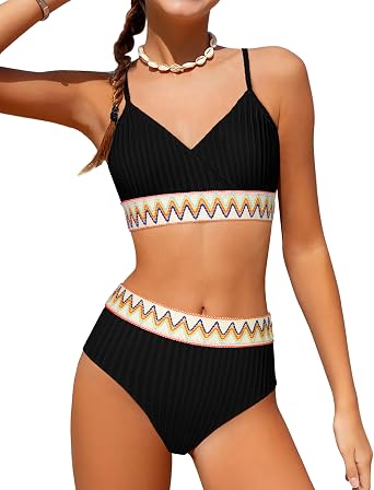 DONWEN Girls Swimsuits V Neck Bikini Set Textured High Waist Girl Two Piece Bathing Suit
