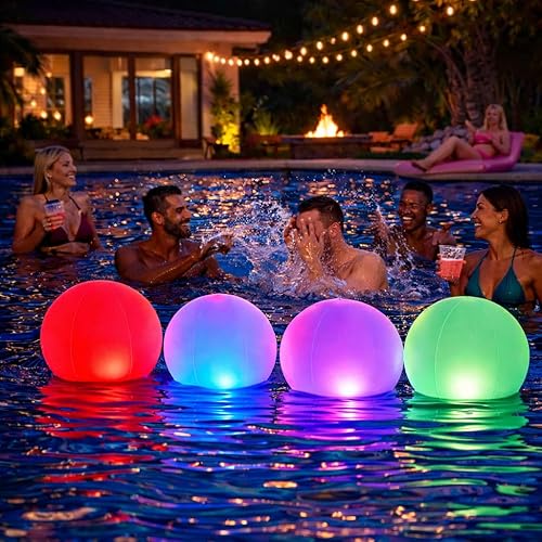 NAYUNA Pelota de playa doble LED – (paquete de 4) bolas que brillan en la oscuridad para piscina y playa – Pelotas de playa iluminadas para fiesta