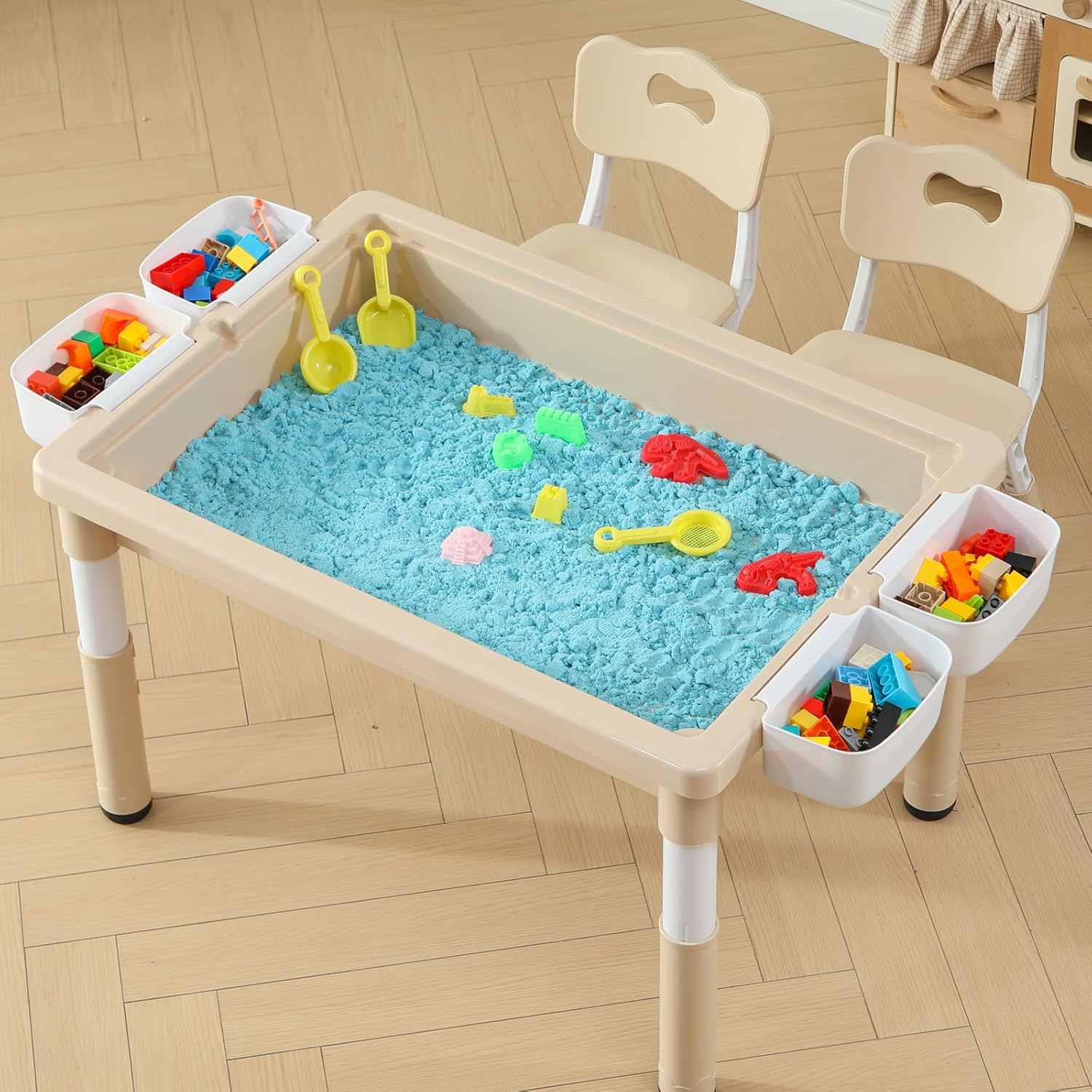 Hulaibit 4 in 1 Kids Table and Chairs Set, Toddler Activity Table with Storage, Graffiti & Building Blocks Double-Sided Tabletop, Multi Functional Tables and Chairs for Children Ages 3-6, Burlywood
