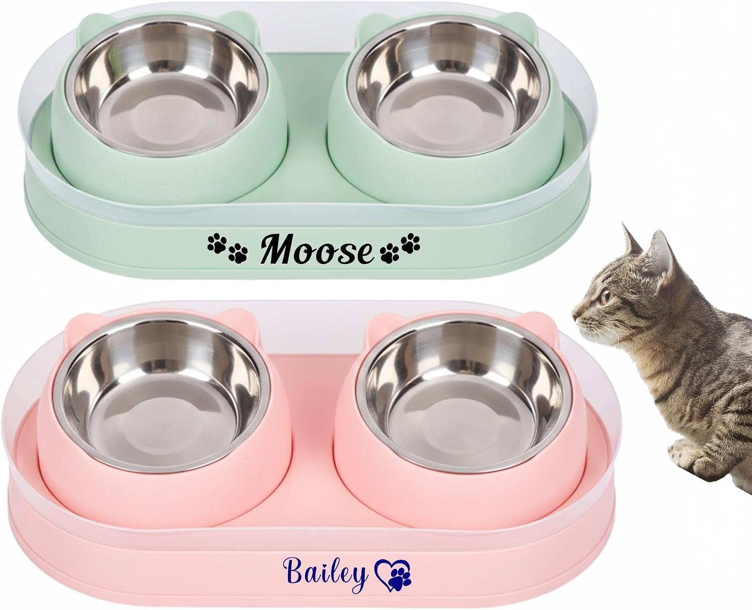Personalized Cat Bowl Double Elevated Pet Dishes for Kitties Small Dog Food and Water Bowls Anti-Leak 15°Tilted Washable Stainless Steel