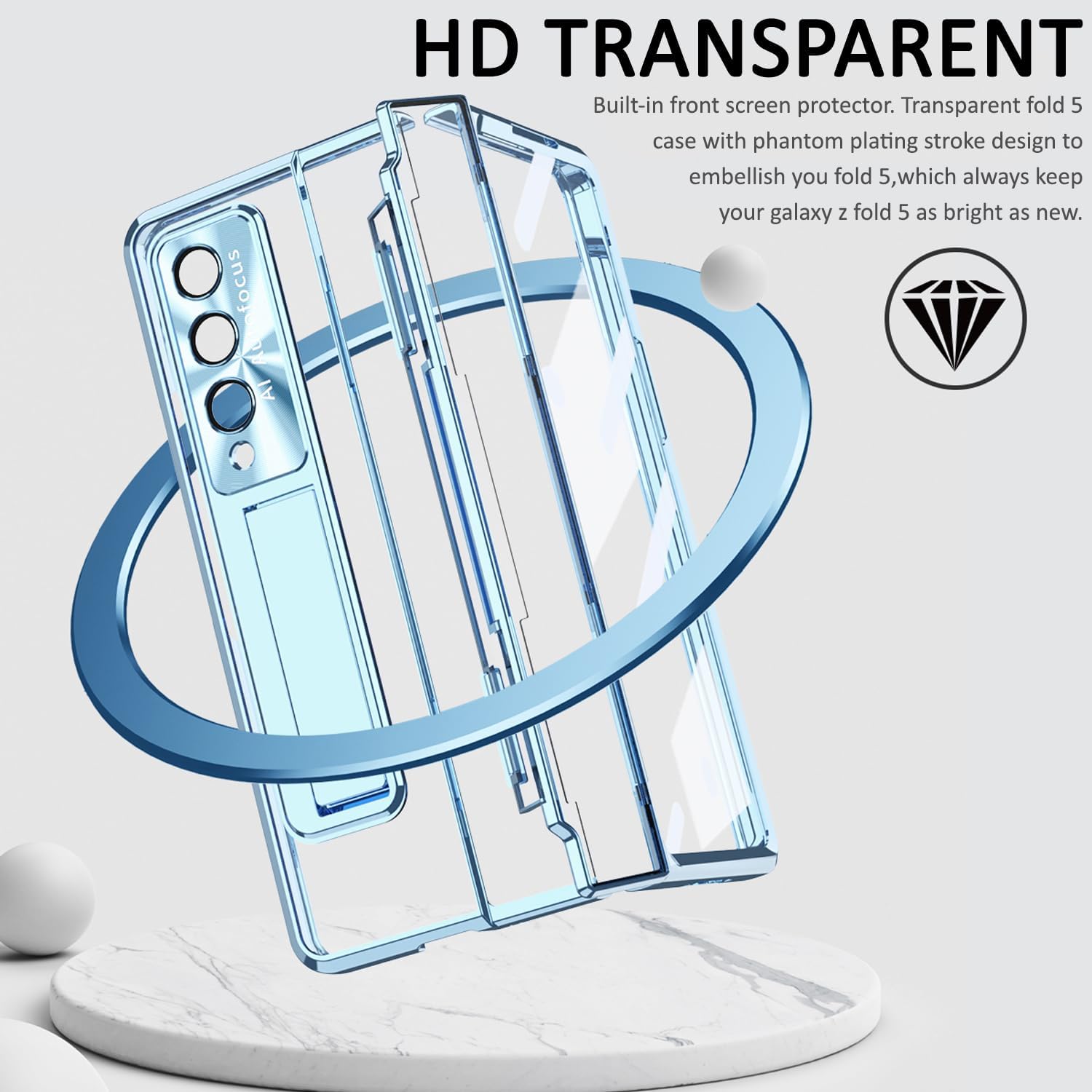 Miimall Compatible for Samsung Galaxy Z Fold 5 Case, Z Fold 5 Case with Upgraded Hinge Protection+ Camera Lens Film + Front Screen Protector + Luxury Crystal Clear Case for Galaxy Z Fold 5 (Blue)
