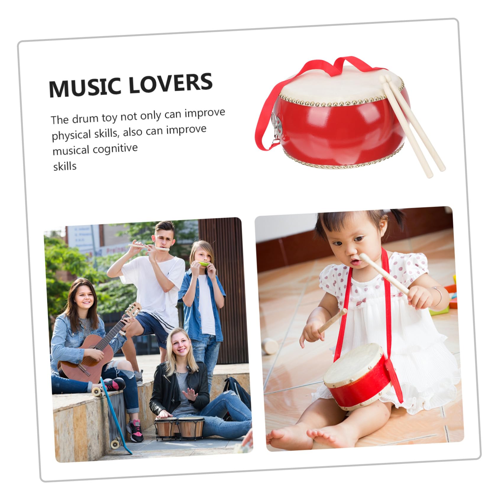 Batería Juguete Roja de Piel de Vaca y Madera para Niños, 1 Set | Juguete Musical Educativo con Baqueta, Instrumentos de Percusión, Decoracion Colegio Estilo Aleatorio