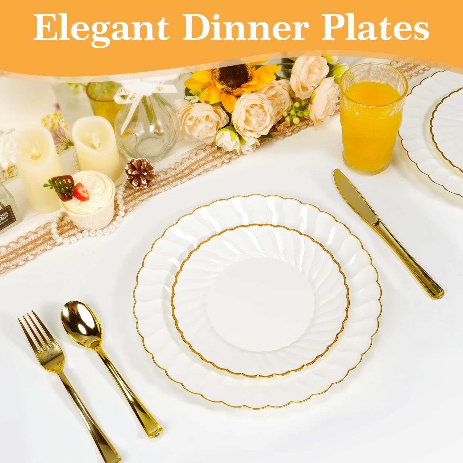 Lzerking 150 Pcs Gold Disposable Dinnerware Set for 25 Guests, Plastic Plates for Party - 25 Dinner Plates 10.25”, 25 Dessert Plate 7.5”, 75 Gold Plastic Silverware 25 Napkins, Holiday Wedding Party