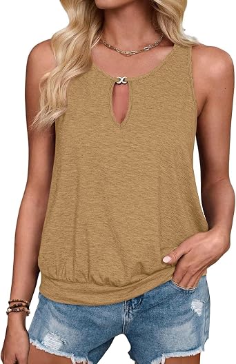 Summer Tank Tops for Women 2025 Metal Buckle Round Neck Sleeveless Fashion Loose Cute Tops Henley Shirts for Womens