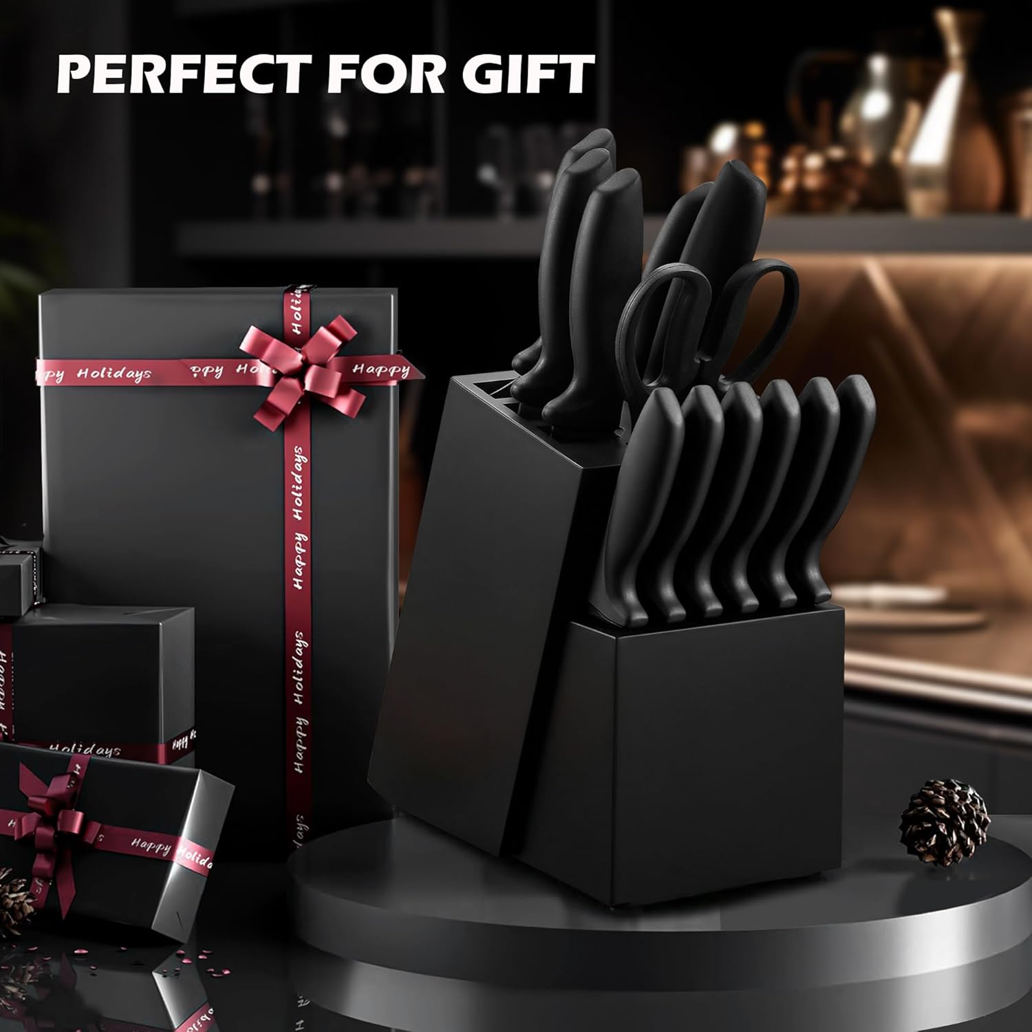 Knife Set, KroWallu 16 Pieces Knife Sets for Kitchen with Block, Dishwasher Safe Kitchen Knife Set with Built-in Sharpener, Japanese Stainless Steel Black Knife Block Set