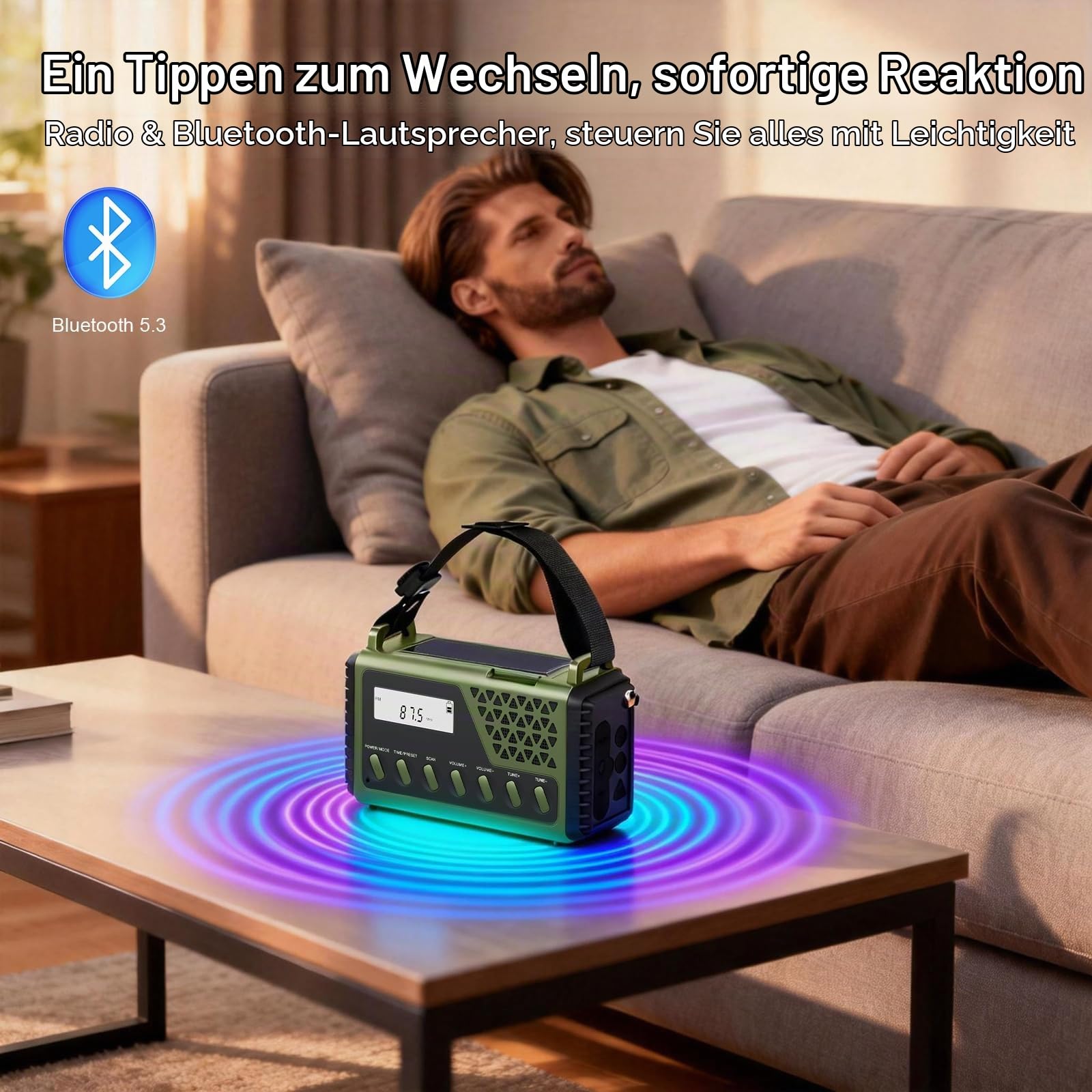 Gemmac Solar Kurbelradio mit Bluetooth, AM/FM/SW Notfallradio mit 10000mAh USB Powerbank, Radio Batteriebetrieben mit SOS Alarm Kompass LED-Taschenlampe Leselampe für Stromausfall, Überleben, Camping