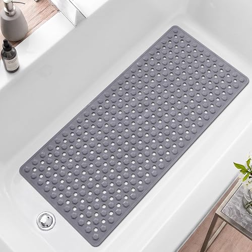 Color&Geometry Shower Mat 16"x35",Bathtub Mat with 187 Suction Cups and Bigger Drain Hole.Soft on Feet,Machine Washable,Quick Dry.Non Slip Bath Mat for Tub Floor with Drain Hole and Suction Cup,Gray