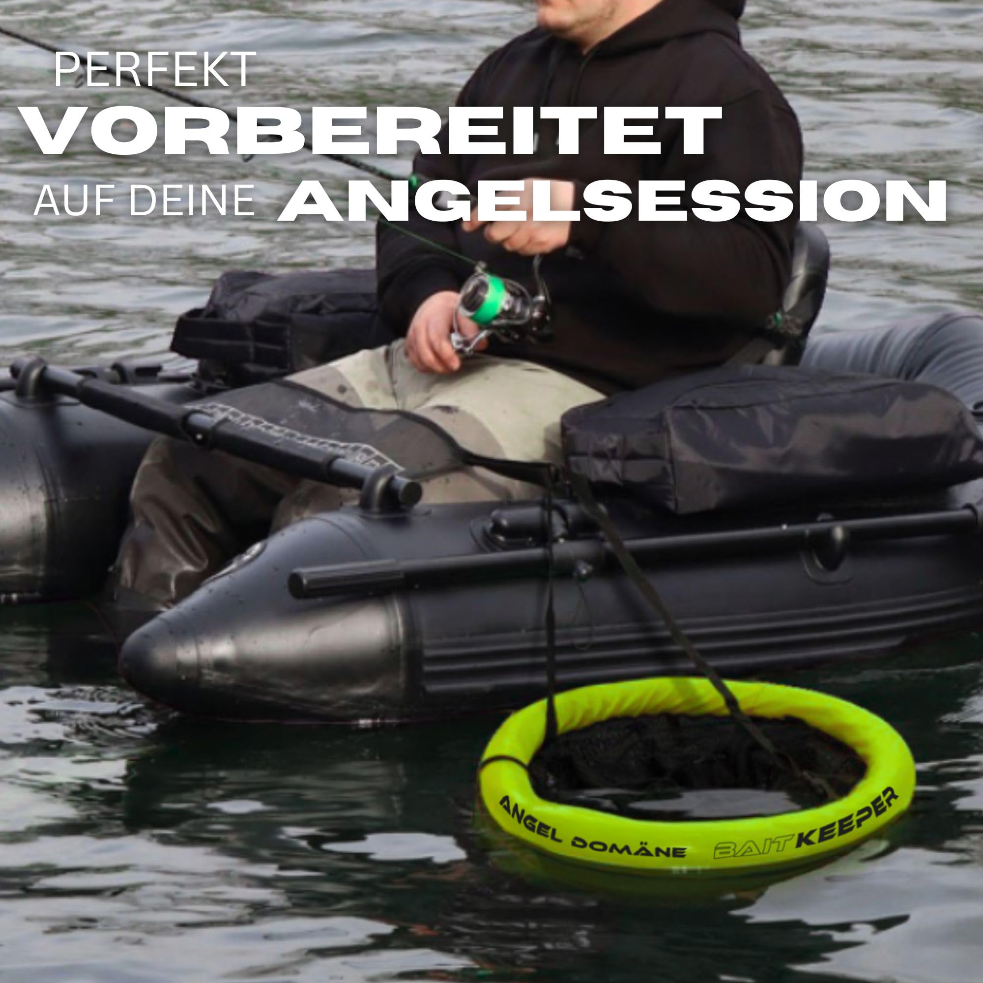 Angel Domäne Bait Keeper – Schwimmender Setzkescher gummiert – 90cm Länge & 44cm Durchmesser – Fischschonendes Hexa-Mesh – Bootssetzkescher mit Zugkordel & Auftriebskörper – Köderfischbehälter