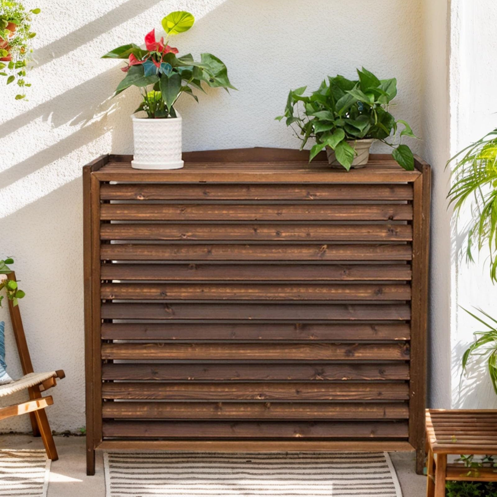 Cache Climatiseur Exterieur Balcon Cache Clim Bois Housse Climatiseur Extérieur Cache Pompe À Chaleur Protéger du Soleil Et De La Pluie Cache Unité Extérieure Climatisation(100x44x93cm)