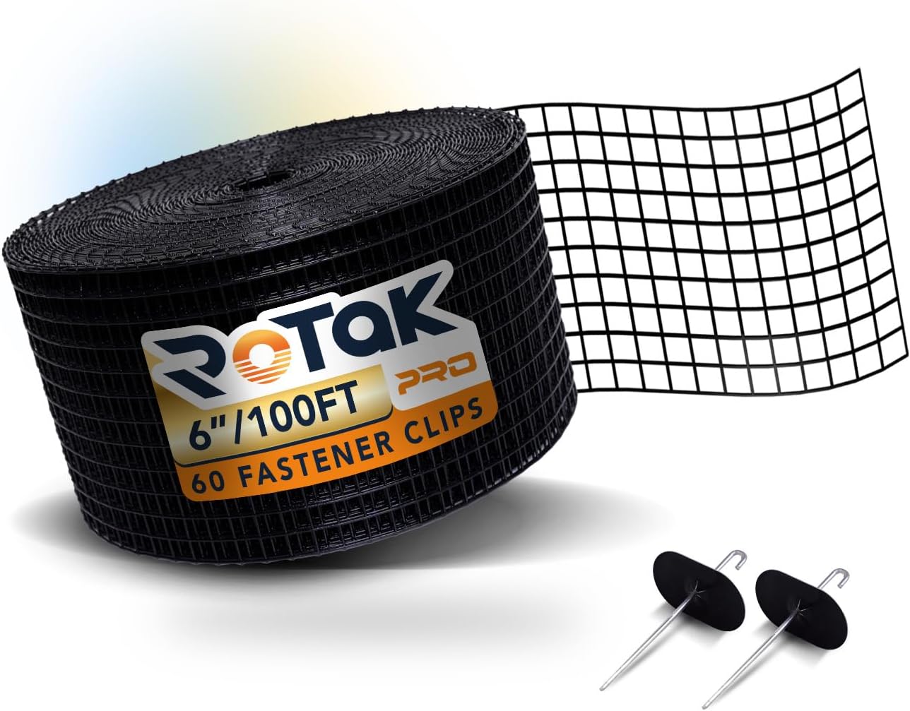 - Rotak Critter Guard PRO - 6in x 100ft Solar Panel Bird Prevention Roll Kit with 60 Fastener Clips - Heavy Duty Galvanized Black PVC Coated ½ inch Wire Roll Mesh (6" PRO + 60 Clips)