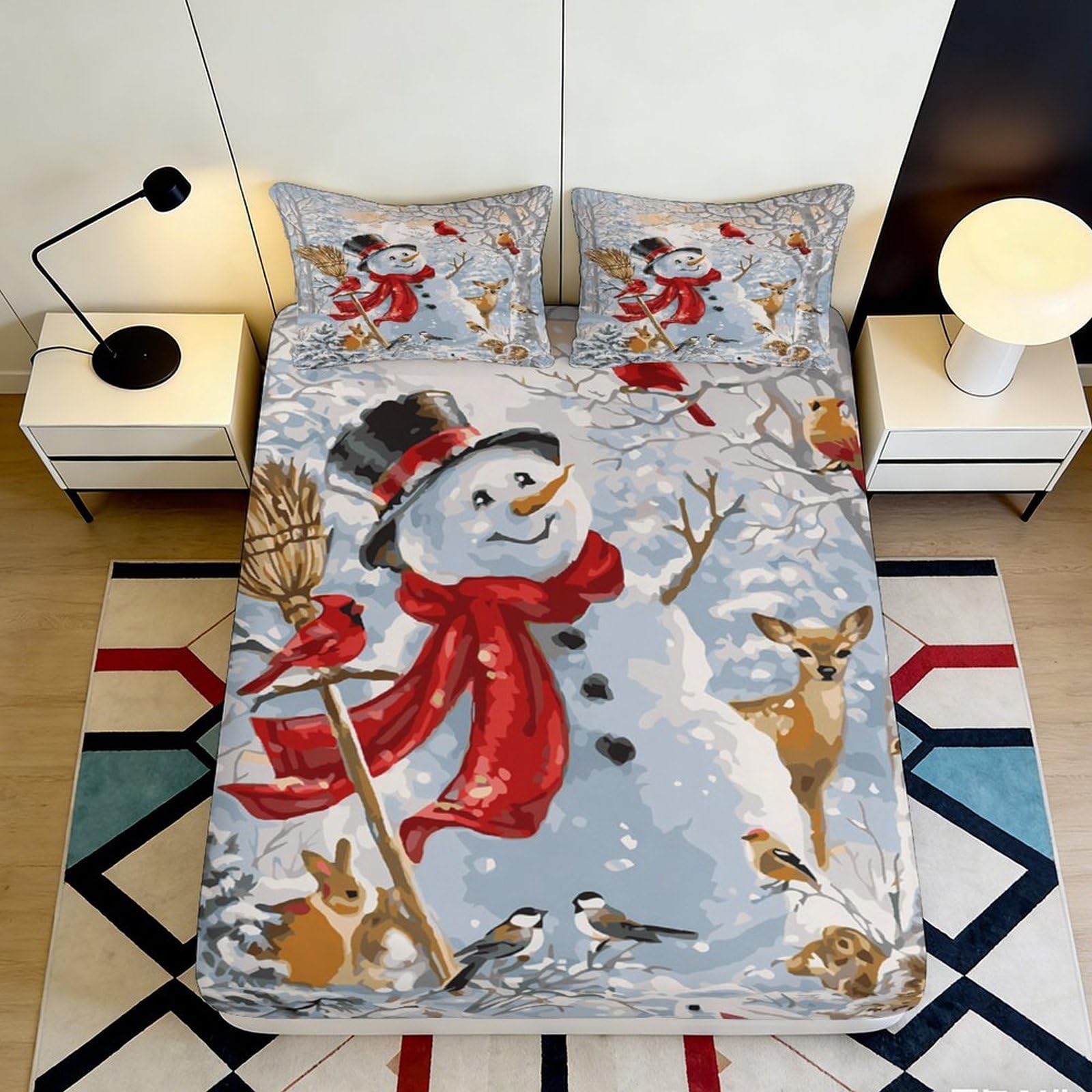 Pnayamiorkfel Style-10 3D Printed Snowman Winter Forest Fitted Sheet Microfiber Soft Animal Scene Mattress Cover For Bedroom Guest Room 90X200x25cm