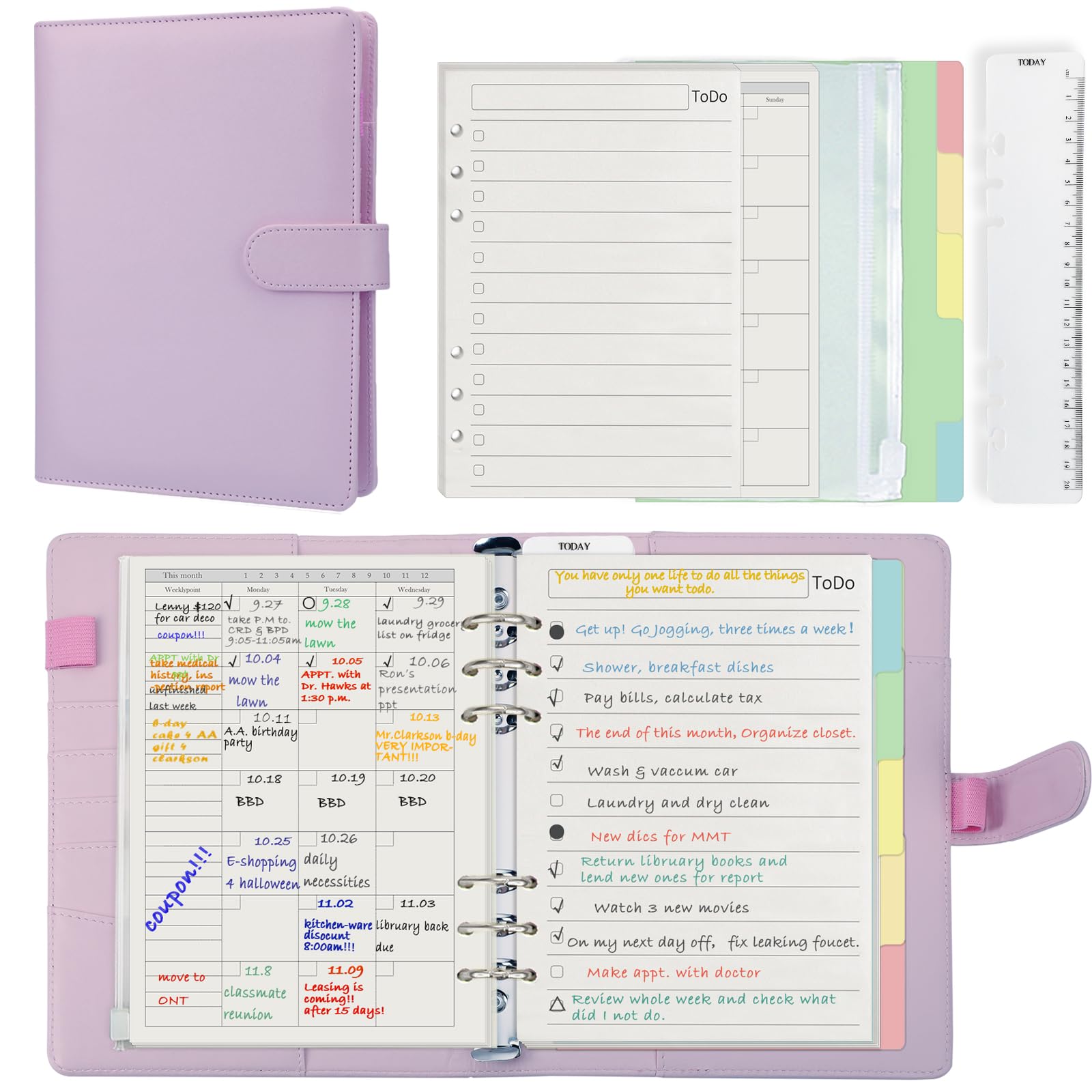 A5 6-Ring Planner kit with Planner Refill Inserts, Cash Pockets, Ruler and Di...