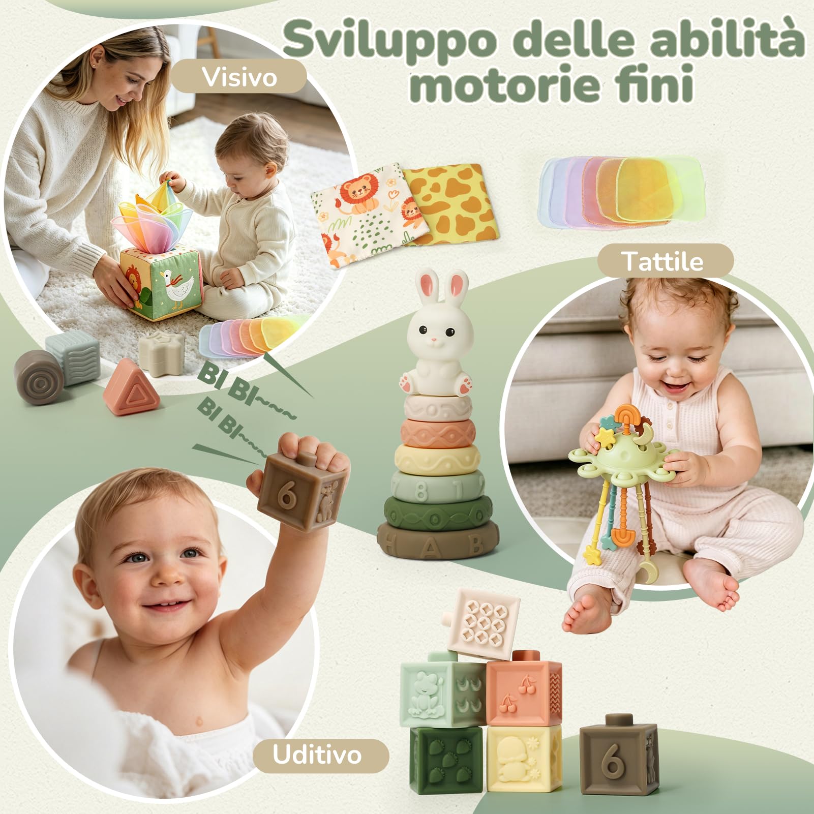 5 in 1 Giochi Montessori 6 Mesi – Giochi Neonato 6-9 Mesi con Scatola di Fazzoletti Montessori, Giocattoli Impilabili, Giocattolo di Classificazione, Tirare la Corda | Regalo Bambino 8 9 12 Mesi