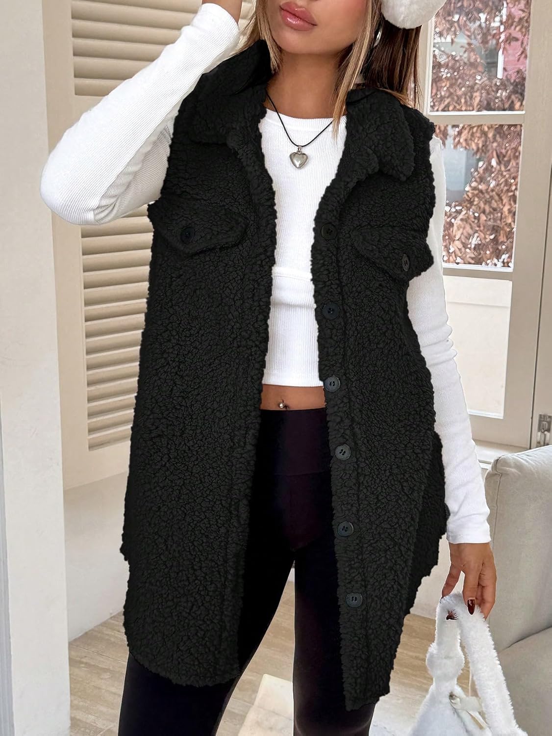 Women's Fleece Sherpa Vest Trendy Long Vests Sleeveless Jacket Oversized Trendy Button Down In Fall And Winter - Image 7